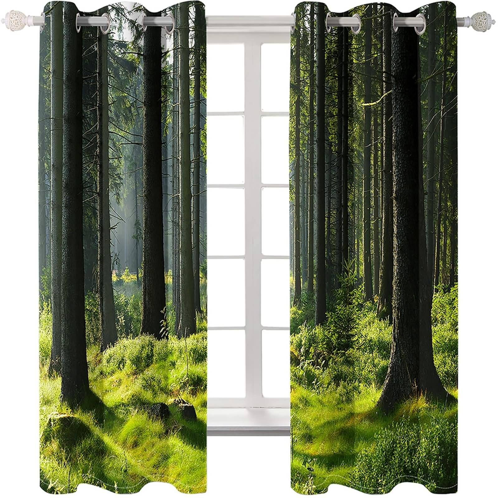 Długa zasłona okienna, długie zasłony do sypialni zielone lasy krajobraz naturalny poliester 2 panele 204x244cm