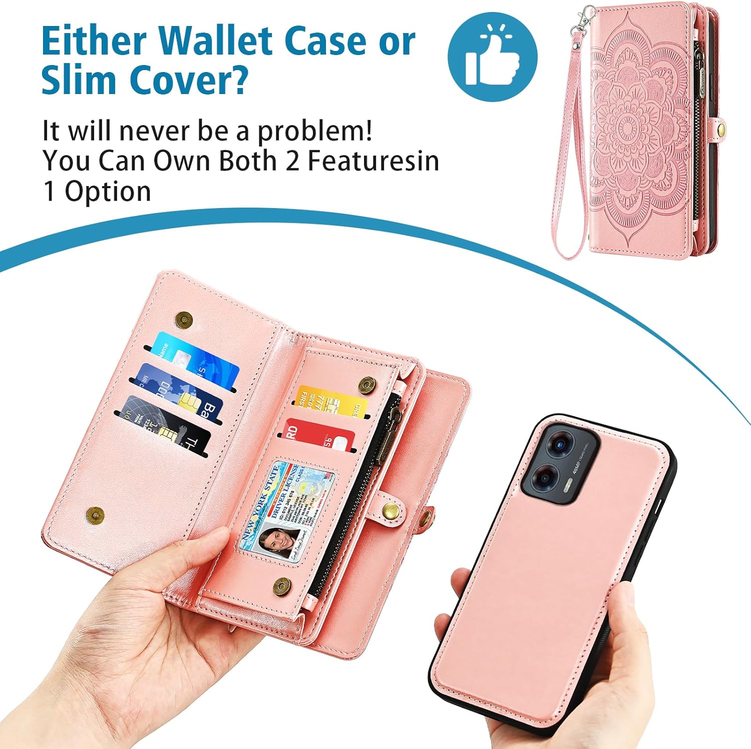 Asuwish Phone Case for Motorola Moto G 5G 2023 Zipper Wallet Magnetic Detachable Cell Cover with Tempered Glass Screen Protector Crossbody Strap Mandala Flower Card Holder G5G G5 Women Girls Rose Gold