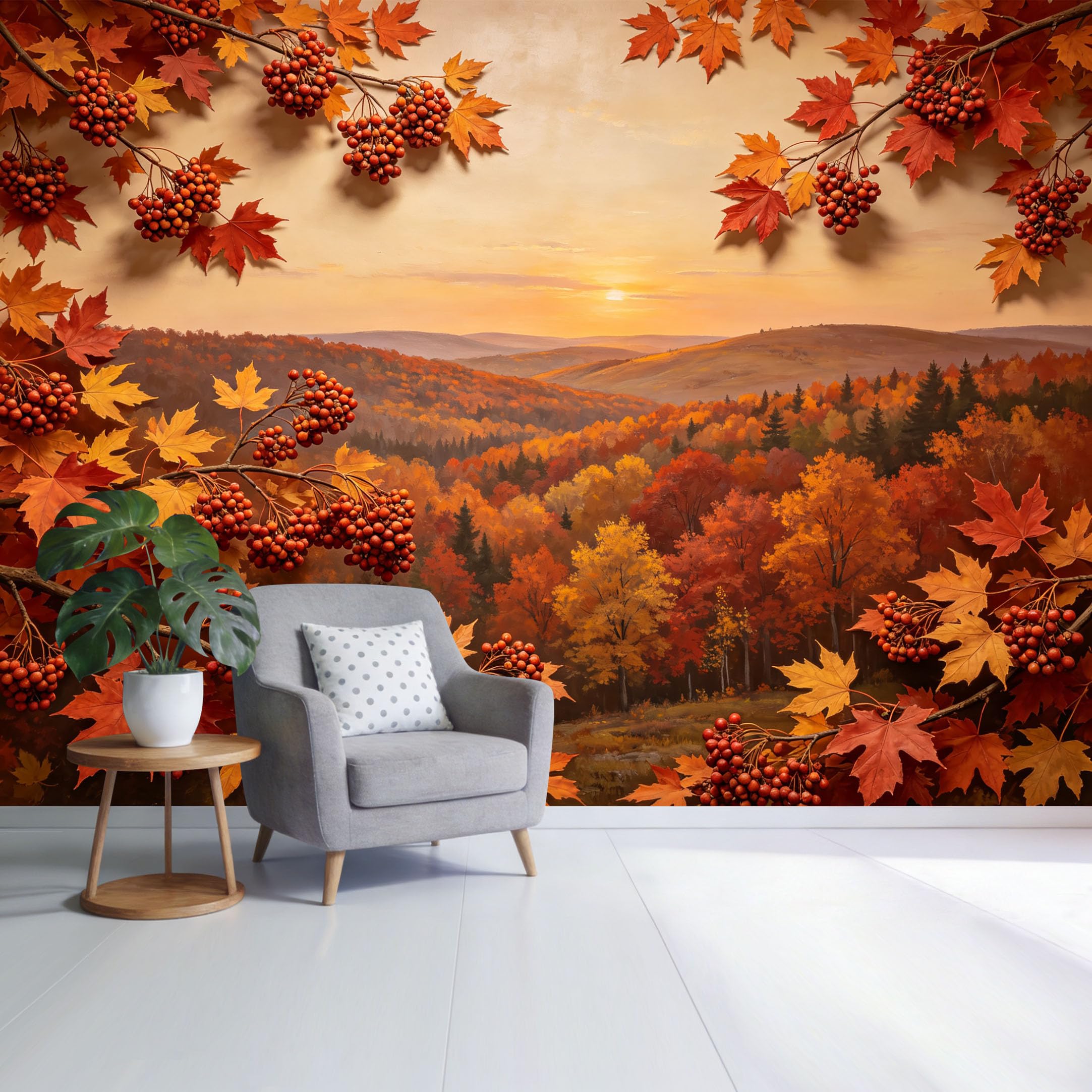 Custom Size Wall Mural Autumn Forest Landscape Golden Sunset Maple Leaves Botanical Scenic View SelfAdhesive Wall Fabric Removable Wallpaper for Home Office Decor