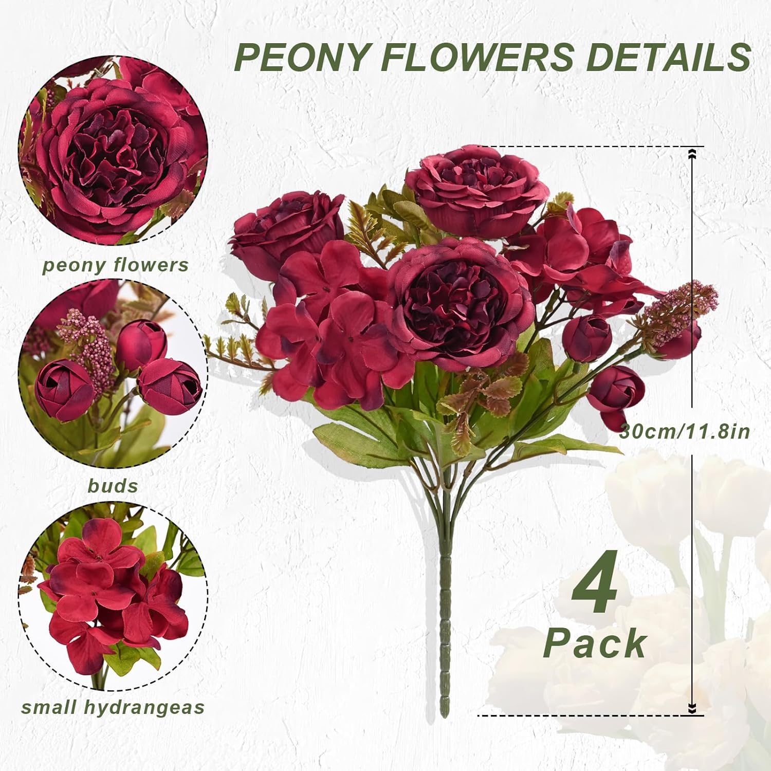MARTINE MALL 4 Packs Peonies Artificial Flowers, Burgundy Artificial Peonies, Silk Peonies Flowers Fake Peonies Artificial Flowers Peonies Bouquet for Halloween Centerpiece Table Wedding Home Decor - Image 5