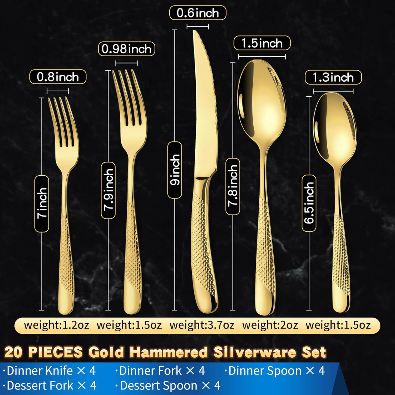 Lemeya 20-Piece Hammered Gold Silverware Set for 4 with Serrated Forging Knives,18/10 Stainless Steel Modern Flatware Set,Unique Cutlery Set Spoons and Forks Set,Mirror Polished,Dishwasher Safe