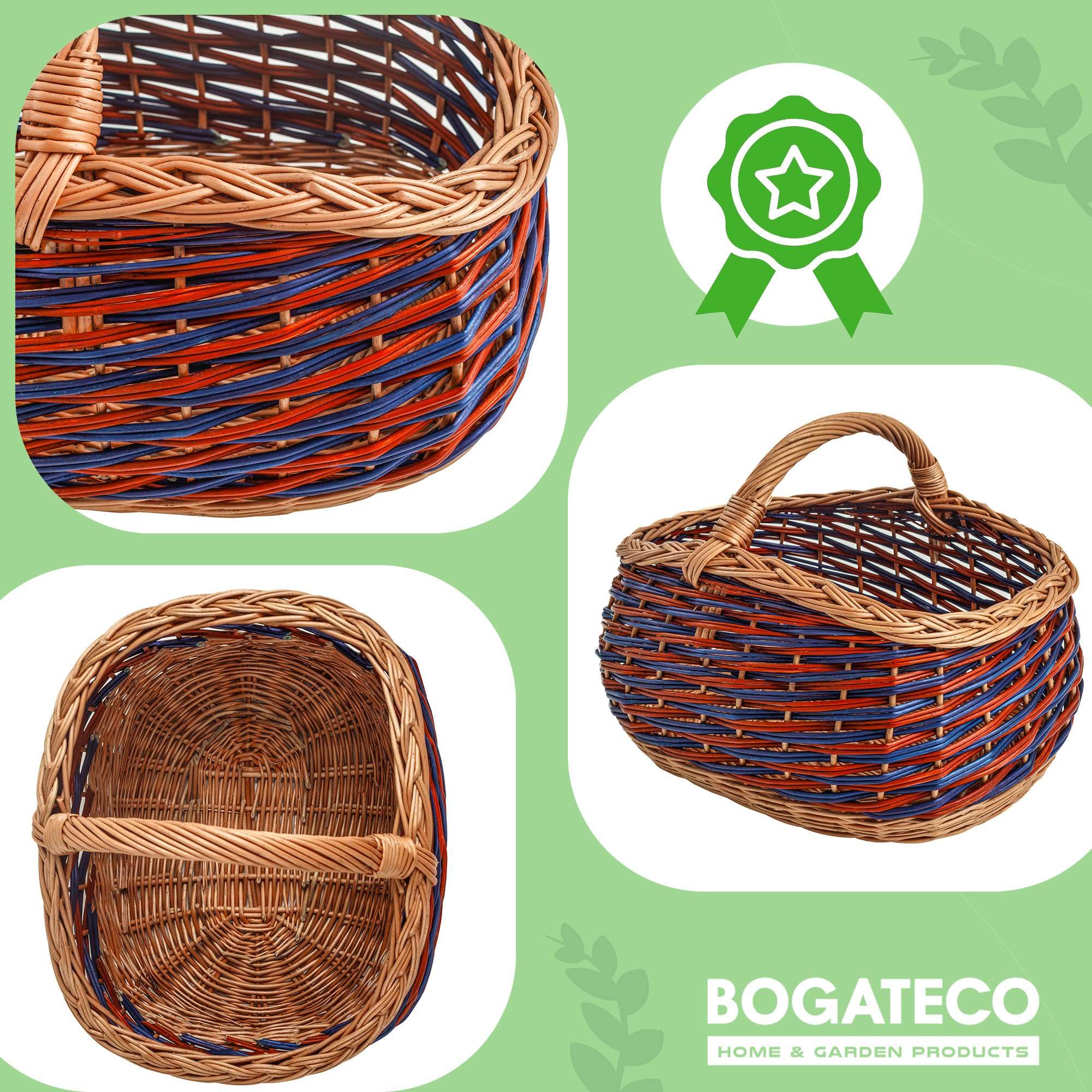 BOGATECO Cesta de la compra de mimbre natural con asa, 40 x 22 x 30 cm, tejida a mano, disponible en dos colores, azul