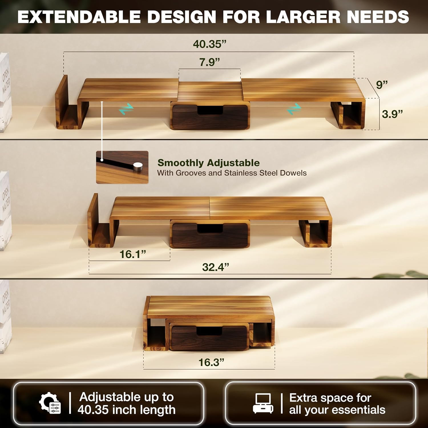 Wooden Dual Monitor Stand Riser with Drawer, 40.4'' Ergonomic Monitor Stand for Desk with Adjustable Length and Swivel Angle, Wooden Desktop Organizer for Laptop, PC, Computer,Printer (Acacia)