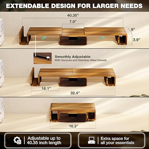 Miniatura 2 de Soporte elevador de madera para monitor doble con cajón, soporte ergonómico de monitor de 40.4'' para escritorio con longitud ajustable y ángulo
