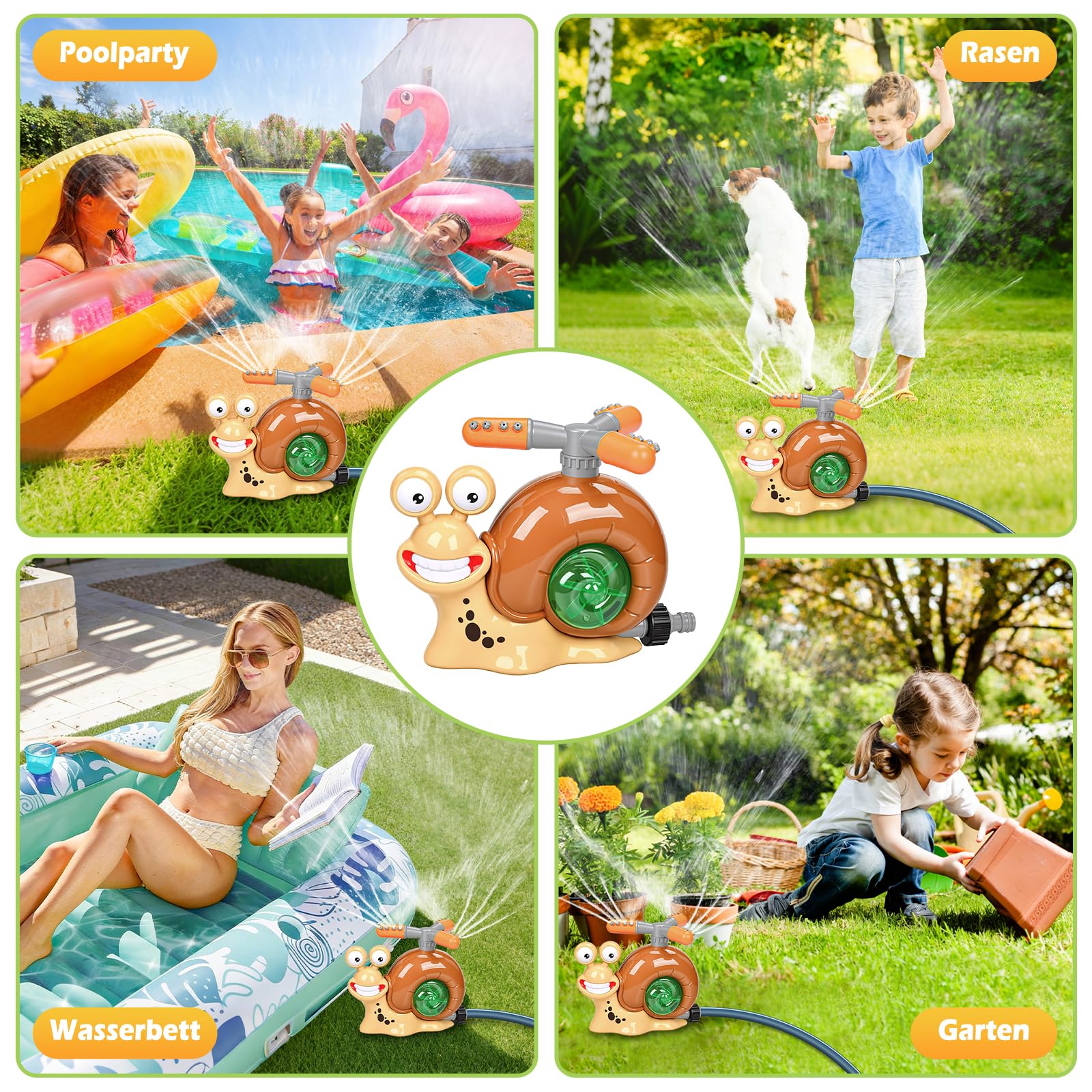 Wassersprinkler Kinder Outdoor 360° Rotierender Schnecken Rasensprenger mit Schlauchanschluss, Garten Sprinkler für Rasen, Pool und Außenbereich, Wasserspielzeug mit Zubehör