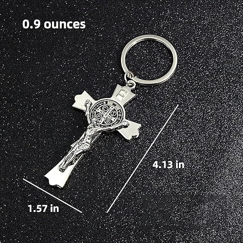 Vista 2 de Llavero colgante de cruz de plata antigua de San Benito, regalo conmemorativo católico religioso.