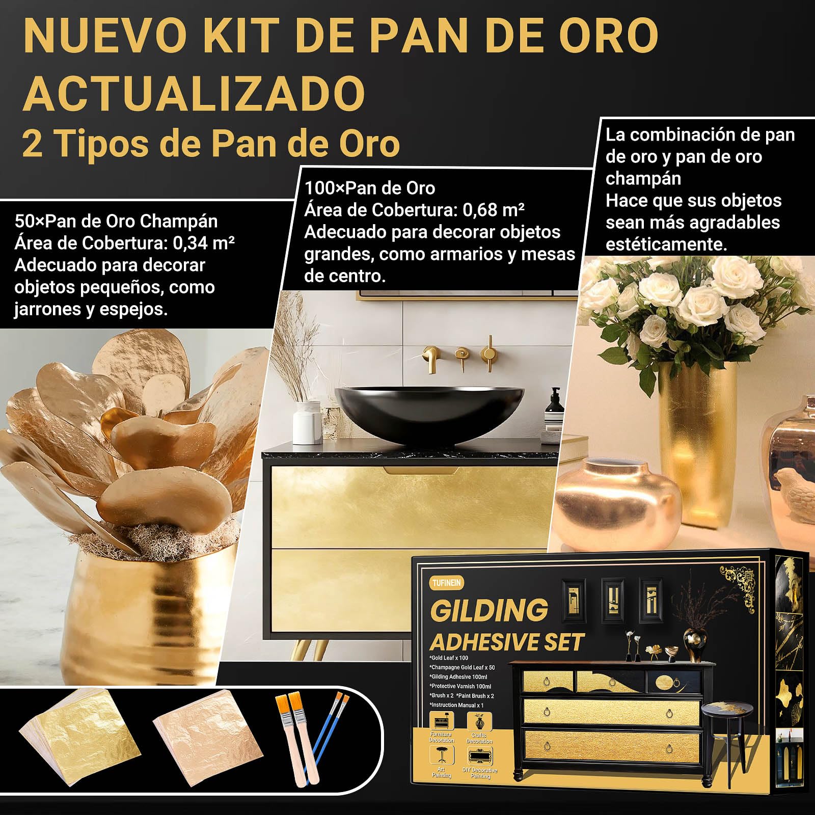 Juego de adhesivos dorados, 100 ml, adhesivo y barniz a base de agua, hoja dorada y champán, kit de dorado para decoración de muebles y manualidades, pintura artística, decoración DIY