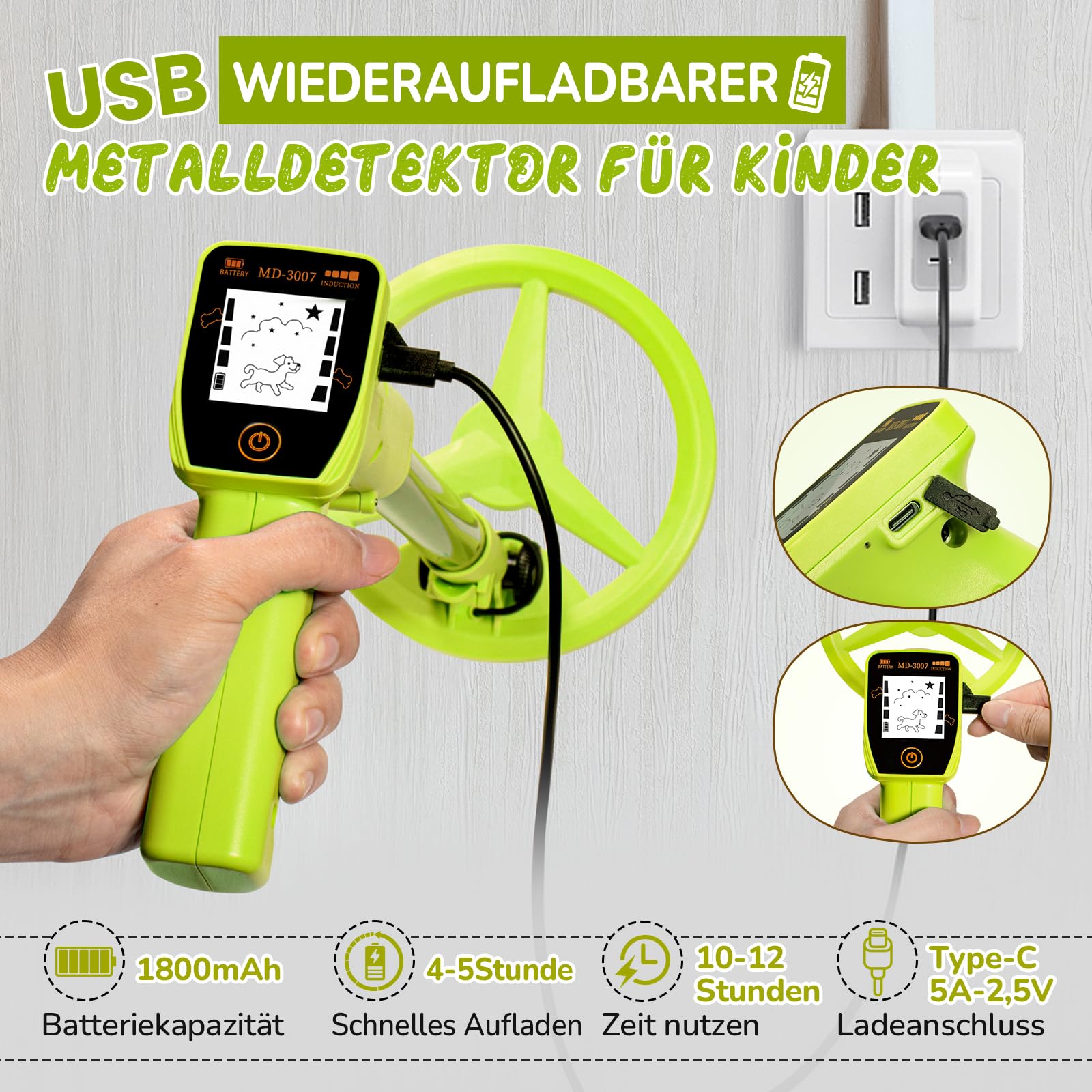 Metalldetektor Kinder, Smofrees Über USB Wiederaufladbarer Kleiner Kinder Metalldetektor, Verstellbarer 60-86cm Tragbarer metalldetektor mit lustigem LCD-Display für die Erkundung im Freien, Lichtgrün
