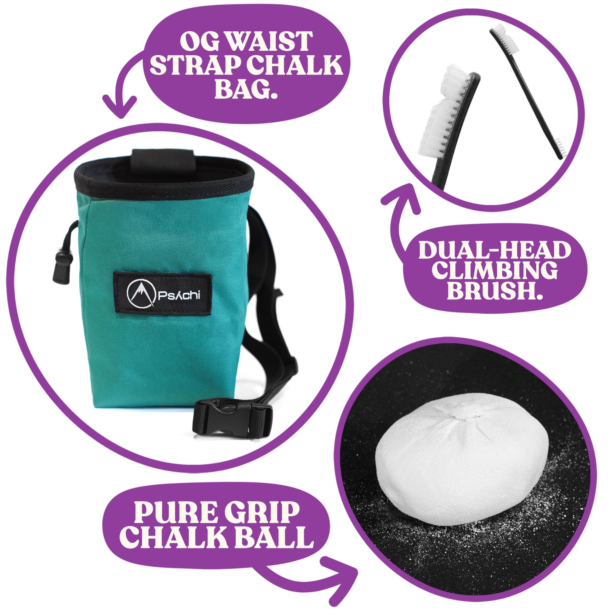 Psychi OG Waist Chalk Bag Starter Pack Bundle for Rock Climbing Bouldering Gym (Turquoise) - Image 2