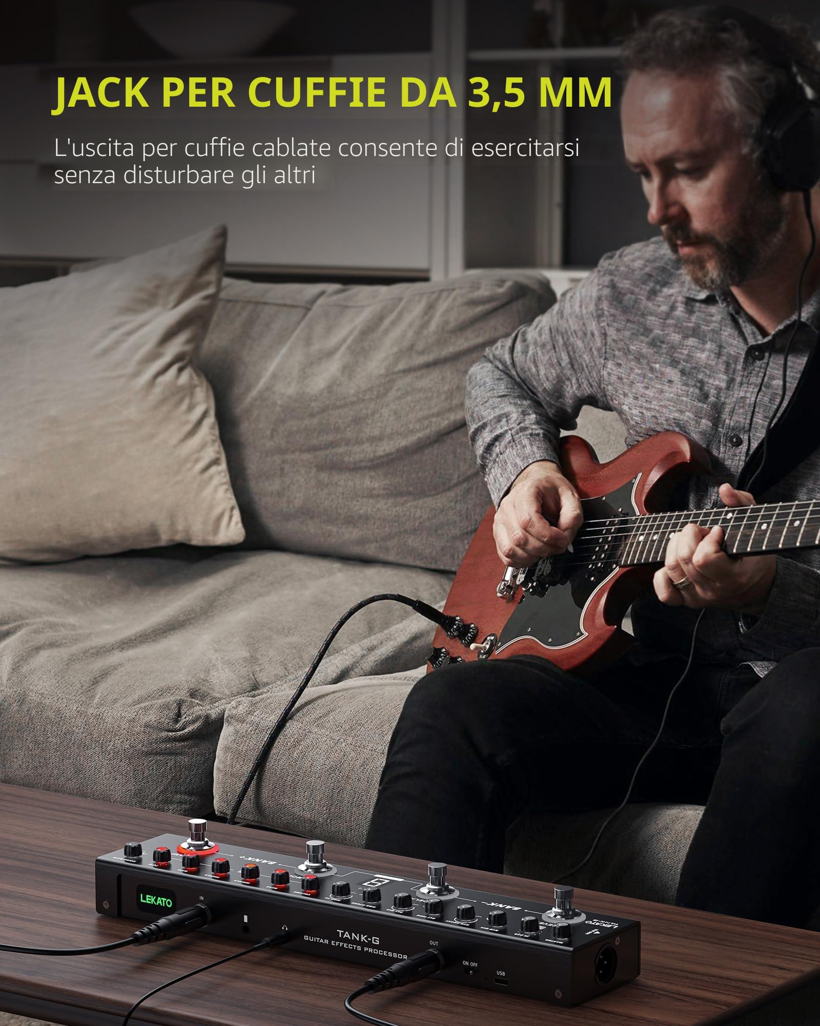 LEKATO Pedale per chitarra multi-effetto, 36 preset modificabili, coro, delay, reverbo, MOD, ricarica IR, registrazione, batteria integrata, connessione BT
