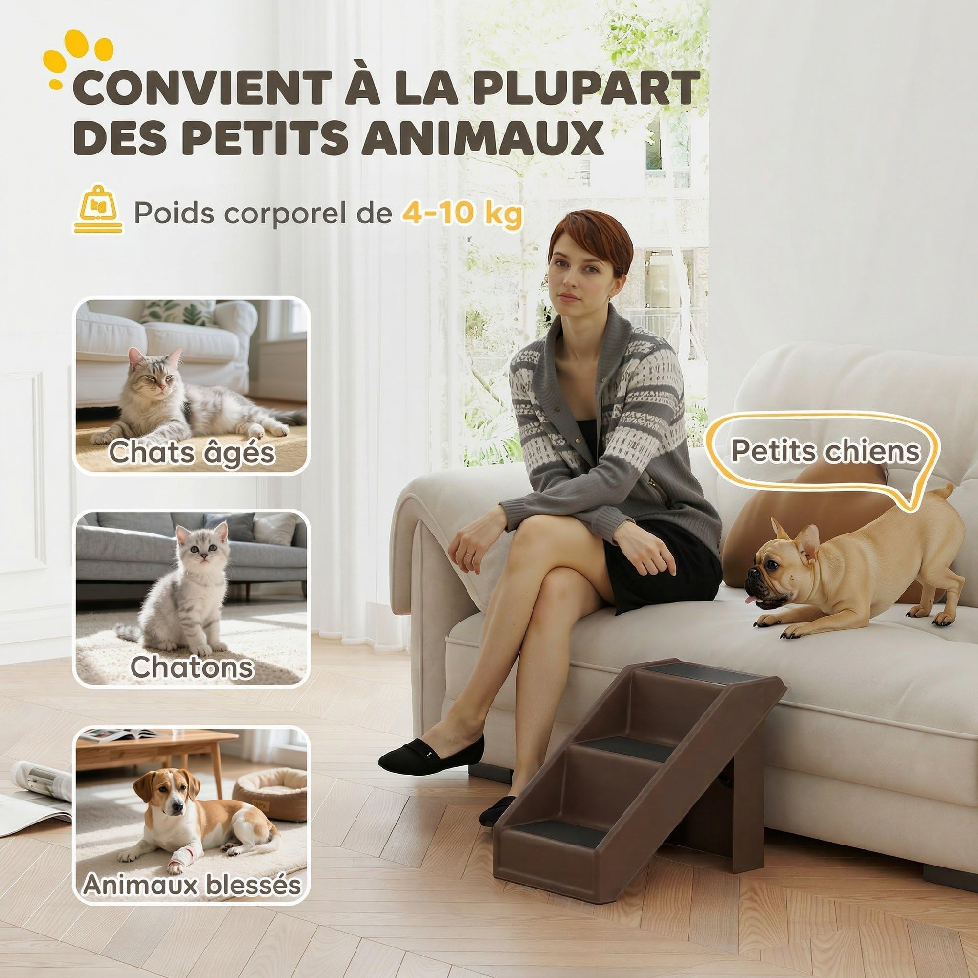 PawHut Escalier pour Chien Pliant à 3 Marches Antidérapantes, Escalier pour Animaux Portable en Plastique Charge 30 kg, pour Chiots, Chats et Animaux Âgés, 53 x 30,5 x 36,5 cm Marron