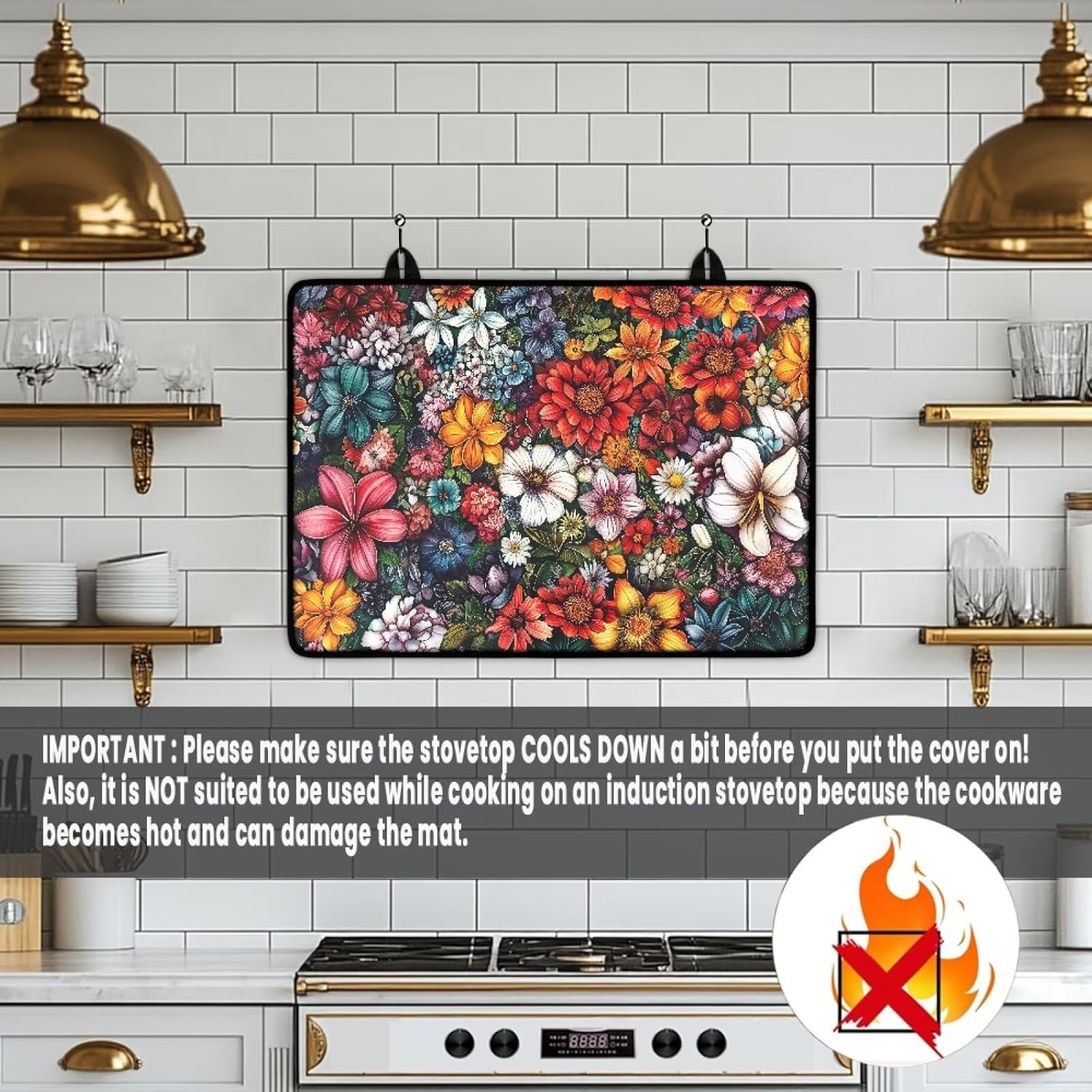 Flower Print Stove Top Covers for Electric Stove,Heat Resistant Glass Top Stove Covers with 2 Hanging Holes, Induction Cooktop Protector 29.18 x 20.98 Inch