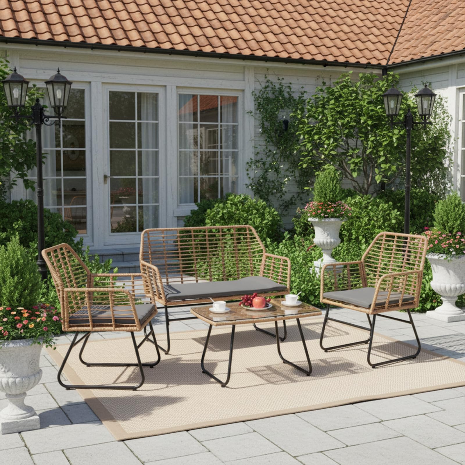 buybyroom Gartenmöbel-Set für den Außenbereich, 4 Personen, Rattan-Sessel, Tisch und Stuhl für den Außenbereich, inklusive 2-Sitzer-Sofa + 2 Sessel + 1 Gartentisch, abnehmbare Kissen