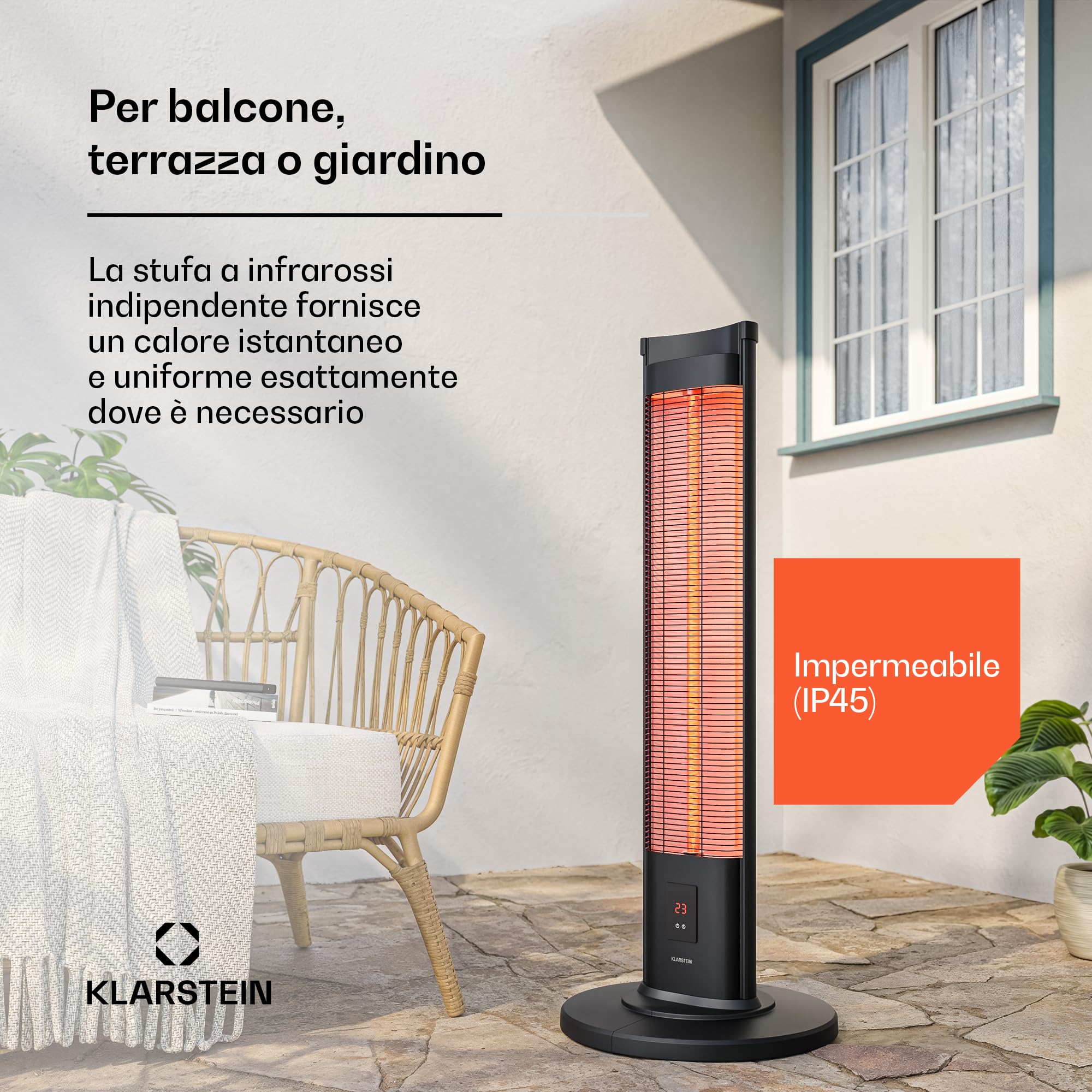 Klarstein BlazeTower Riscaldamento a Infrarossi - 2000W, 3 Livelli, IP45, Timer, Telecomando & Protezione Antiribaltamento - Riscaldamento Infrarossi per Esterni