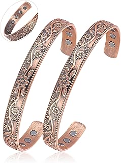 BioMag 2 Pcs Magnetic Copper Bracelet for Women Men, 99.99% Pure Copper Cuff Bangle with with 12 Pcs 3500 Gauss Magnets, Adjustable Size, Floral Vine Design