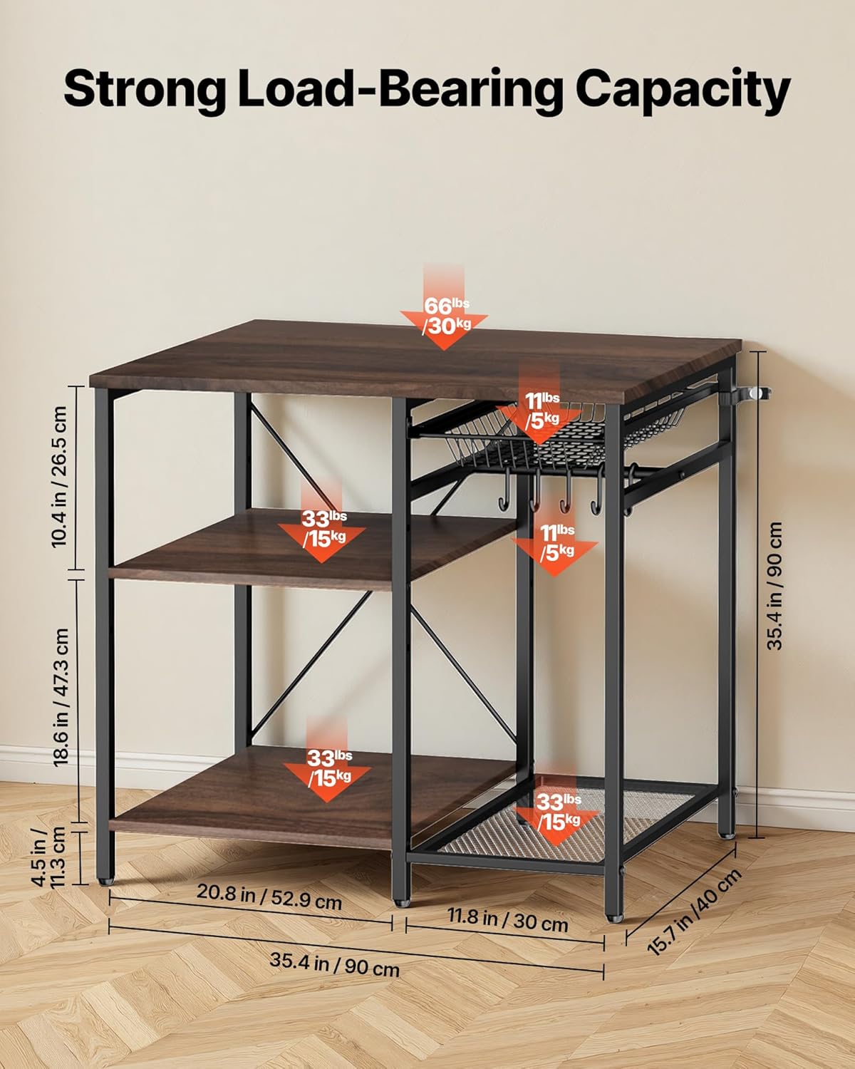 VEVOR Bakers Rack, 35.4 inch Width Microwave Stand,Kitchen Stand with X-Shaped Support Bar & 5 S-Shaped Hooks,Kitchen Storage Shelf for Dish Storage, Spice Jars, Coffee Bar Organization