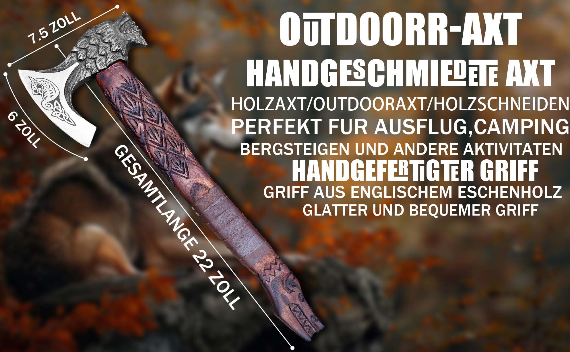 Novahaven Hacha vikinga forjada a mano de lujo – Hoja de acero al carbono de 22 pulgadas con mango de madera de fresno tallada | Hacha artesanal al aire libre para coleccionistas, camping e ideas de