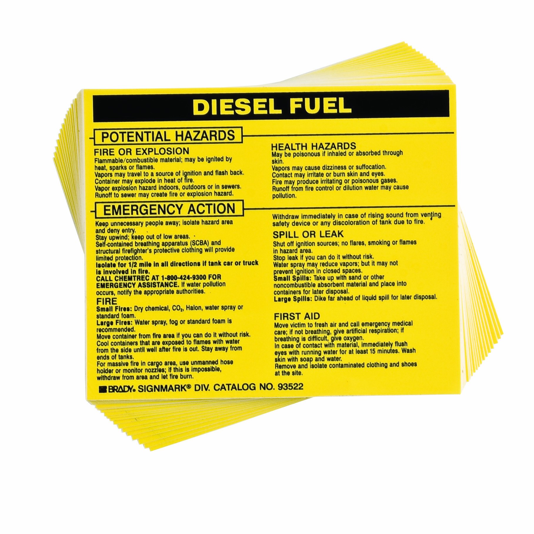 Brady 93522, Étiquette de matériaux dangereux : Dot 5800,4-1987, 9,5 cm de hauteur x 11,4 cm de largeur, noir sur jaune, Legend « Diesel Fuel » (25 par colis)