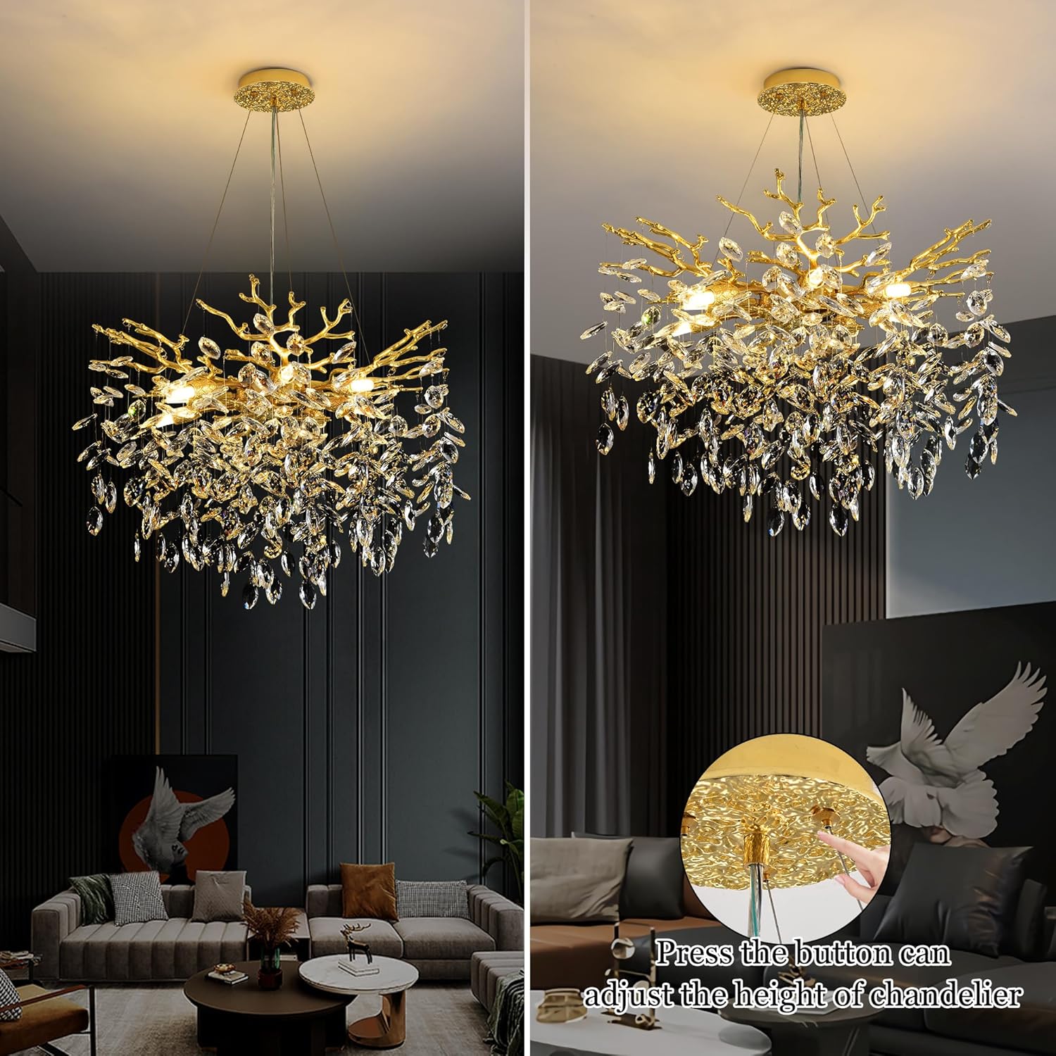 Tree Branch Chandelier Modern Crystal Pendant Light, Luxury Gold Art Deco Raindrop Lighting Fixture for Dining Room Bedroom Living Room 6 Lights D18''