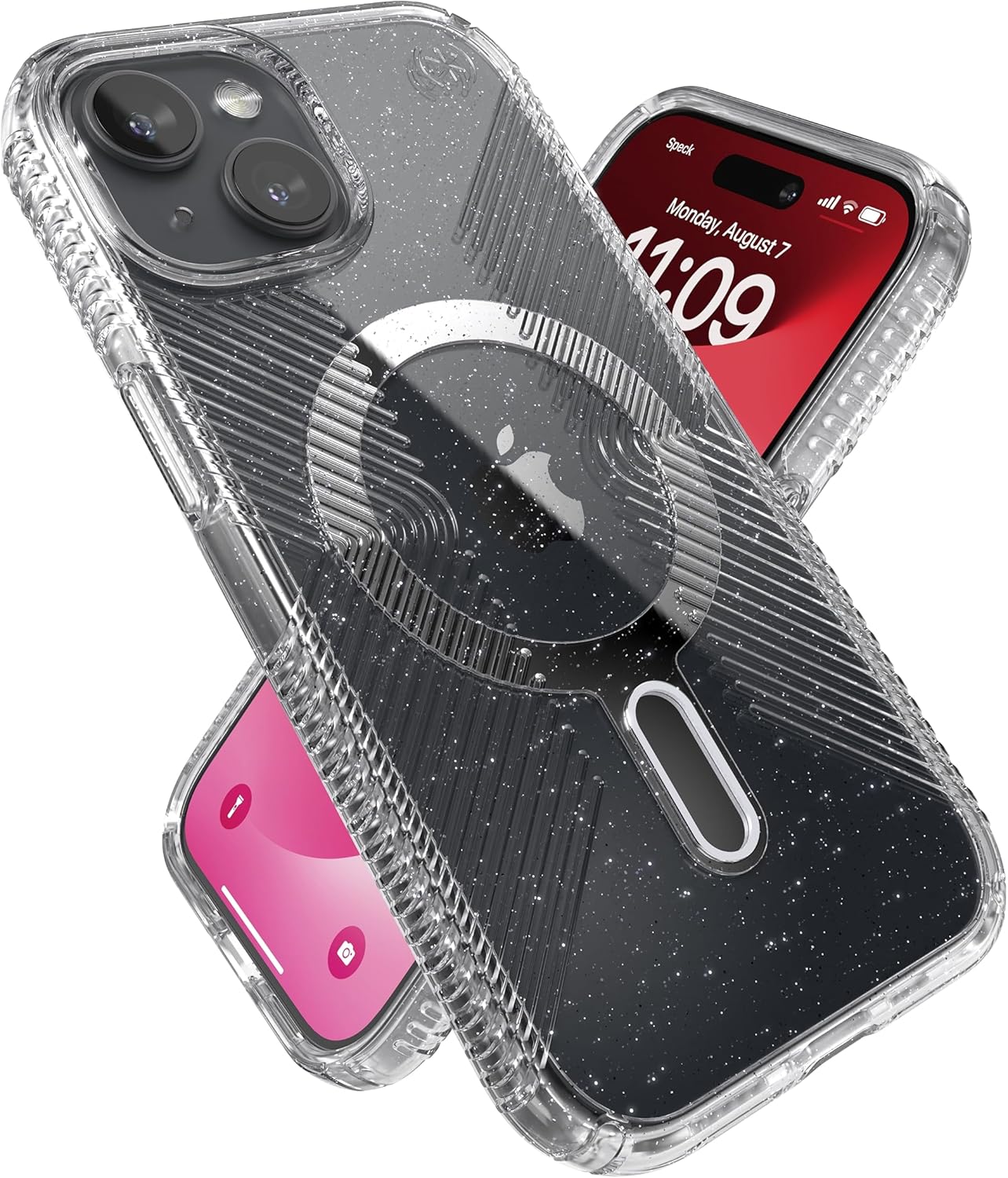 Speck iPhone 17e, 15 Case - ClickLock No-Slip Interlock, Built for MagSafe, Drop Protection Grip - for iPhone 15, iPhone 14, iPhone 13-6.1 Inch Phone Case - Presidio Lux Grip Clear/Platinum Glitter
