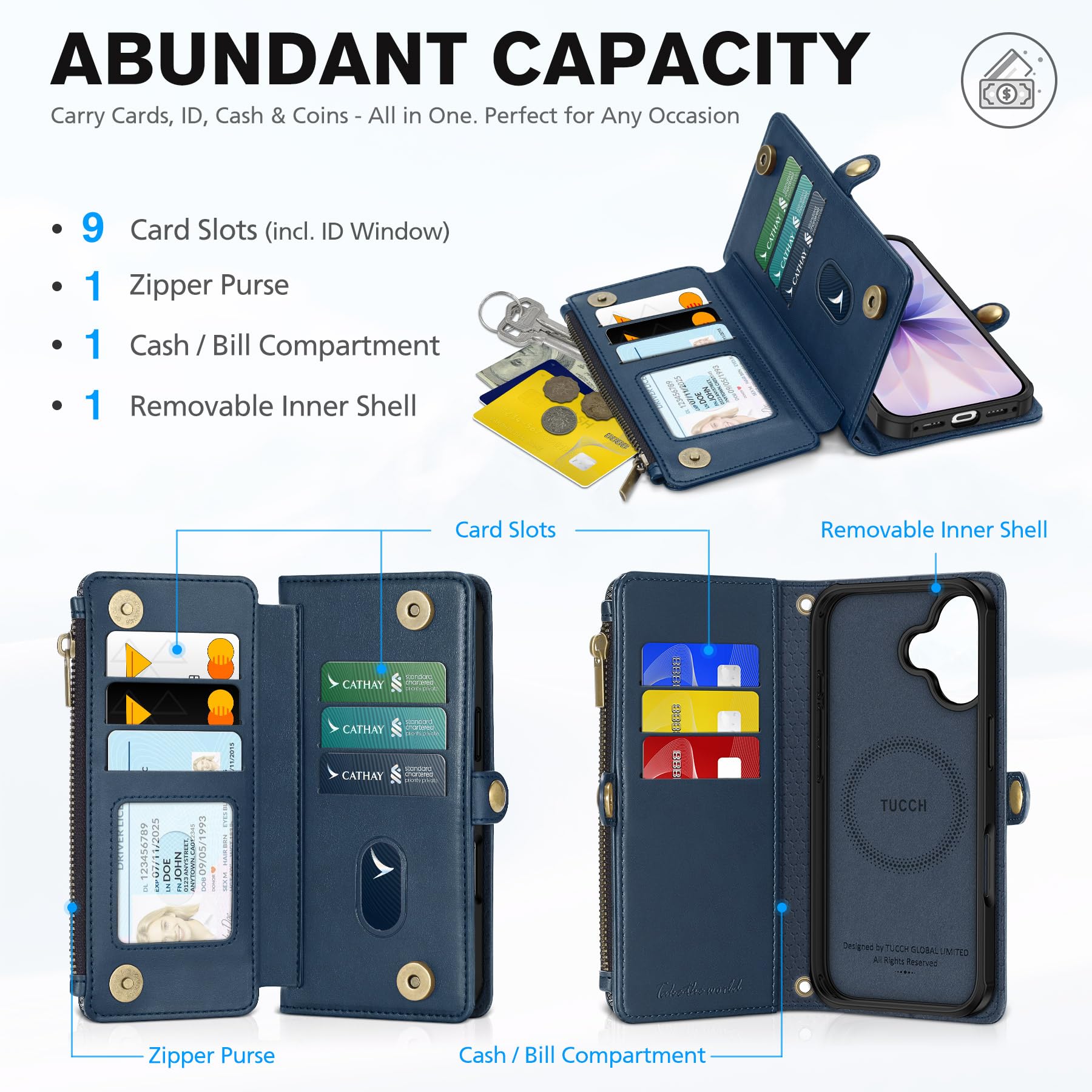 Coque Portefeuille Pour IPhone Air 6,5" 2025 - RFID, 9 Emplacements Cartes, Poche Zippée, Dragonne, Bandoulière, Violet Foncé