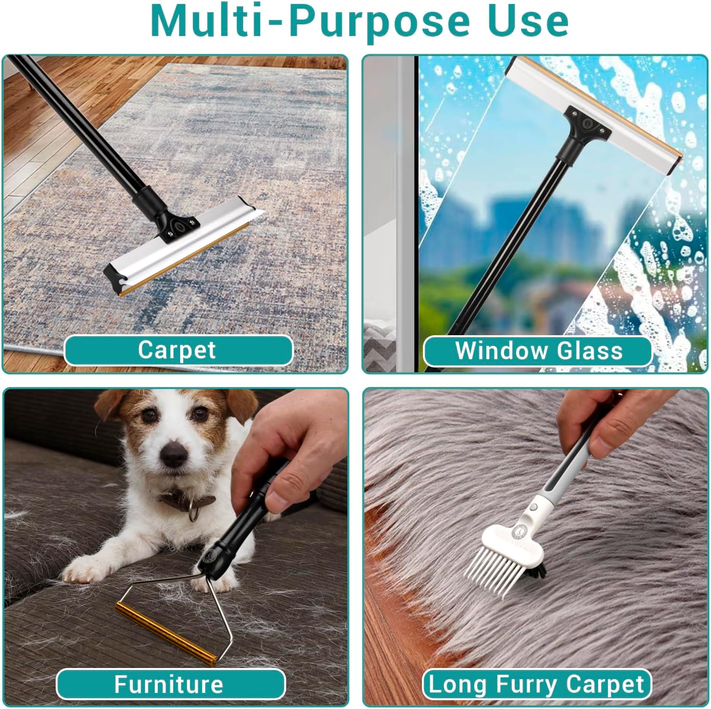 62" Carpet Rake for Pet Hair Removal – Adjustable Carpet Broom Bundle with Carpet Scraper & Hair Picker, Pet Hair Removal Tool for Dog & Cat Hair, Rug Rake Carpet Brush for Furniture & Carpets