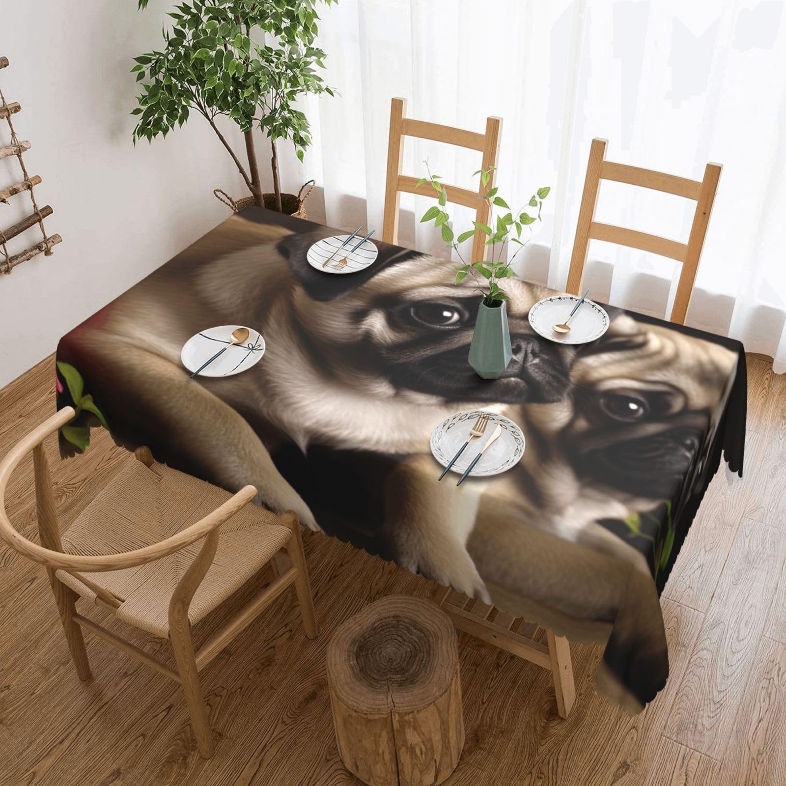 Fodpand Black Puppys Pug Tablecloths For Rectangle Tables 72 X 54 Inches - Reusable And Washable Table Clothes Decorative Table Cover For Dining Tables, Buffet Parties, Wrinkle Resistant