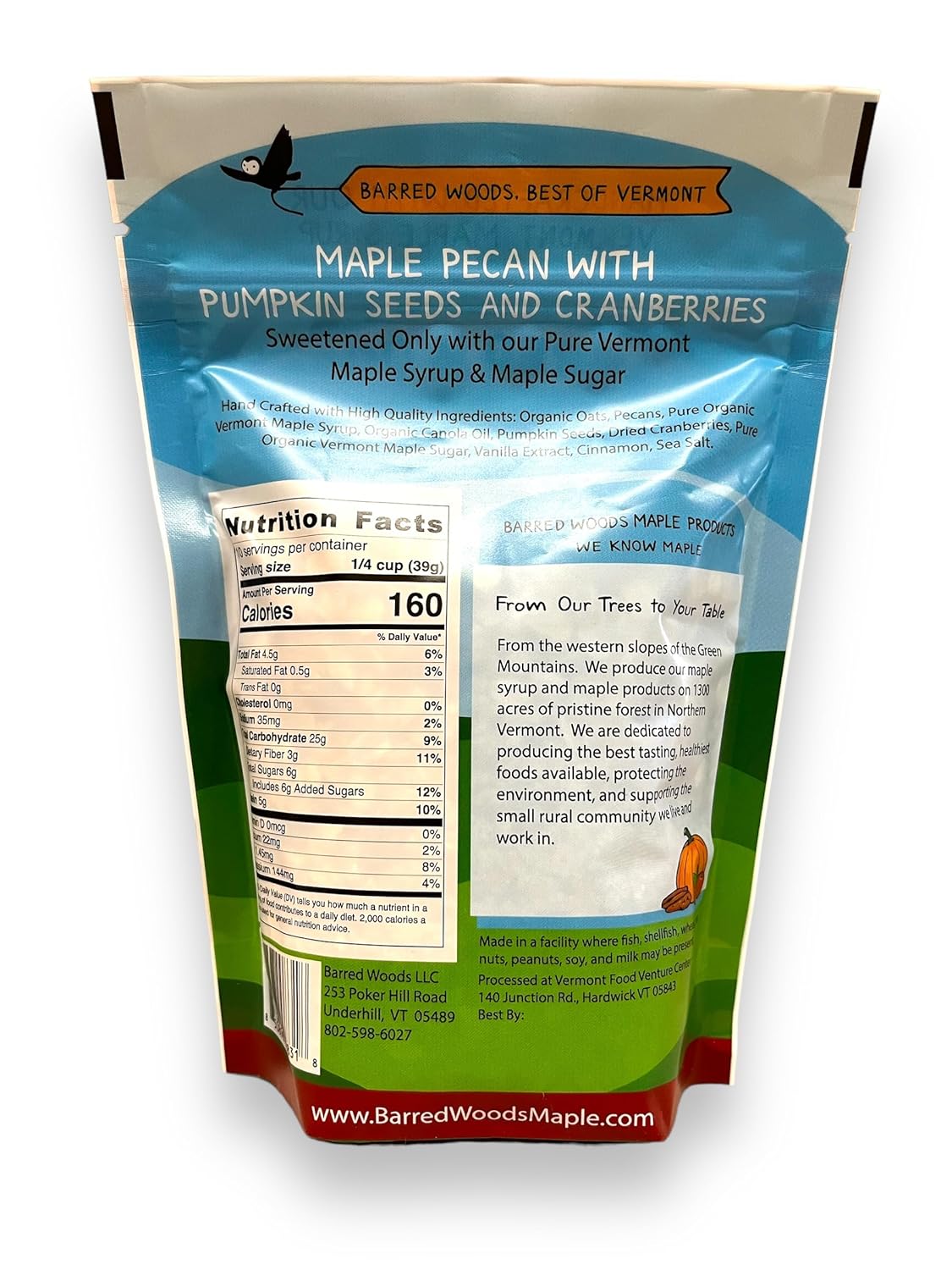 Barred Woods Maple Crunch Granola - Maple Pecan with Pumpkin Seeds and Cranberries - Sweetened With Only Our Own Vermont Organic Maple Syrup and Maple Sugar - 10oz Bag (Case of 3 Bags)