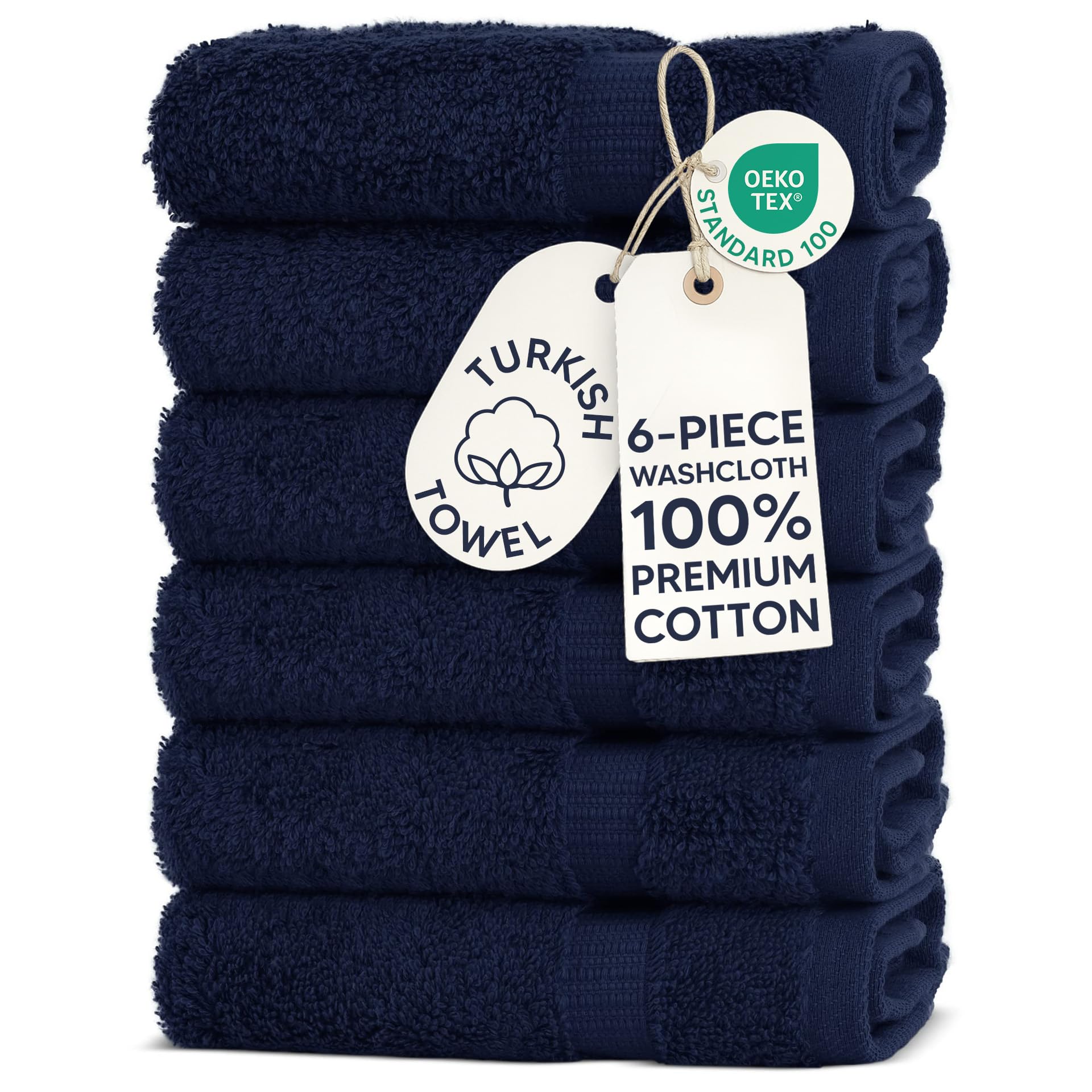 Chakir Turkish Linens 100% Cotton 6-Pack Washcloths 13x13, Navy