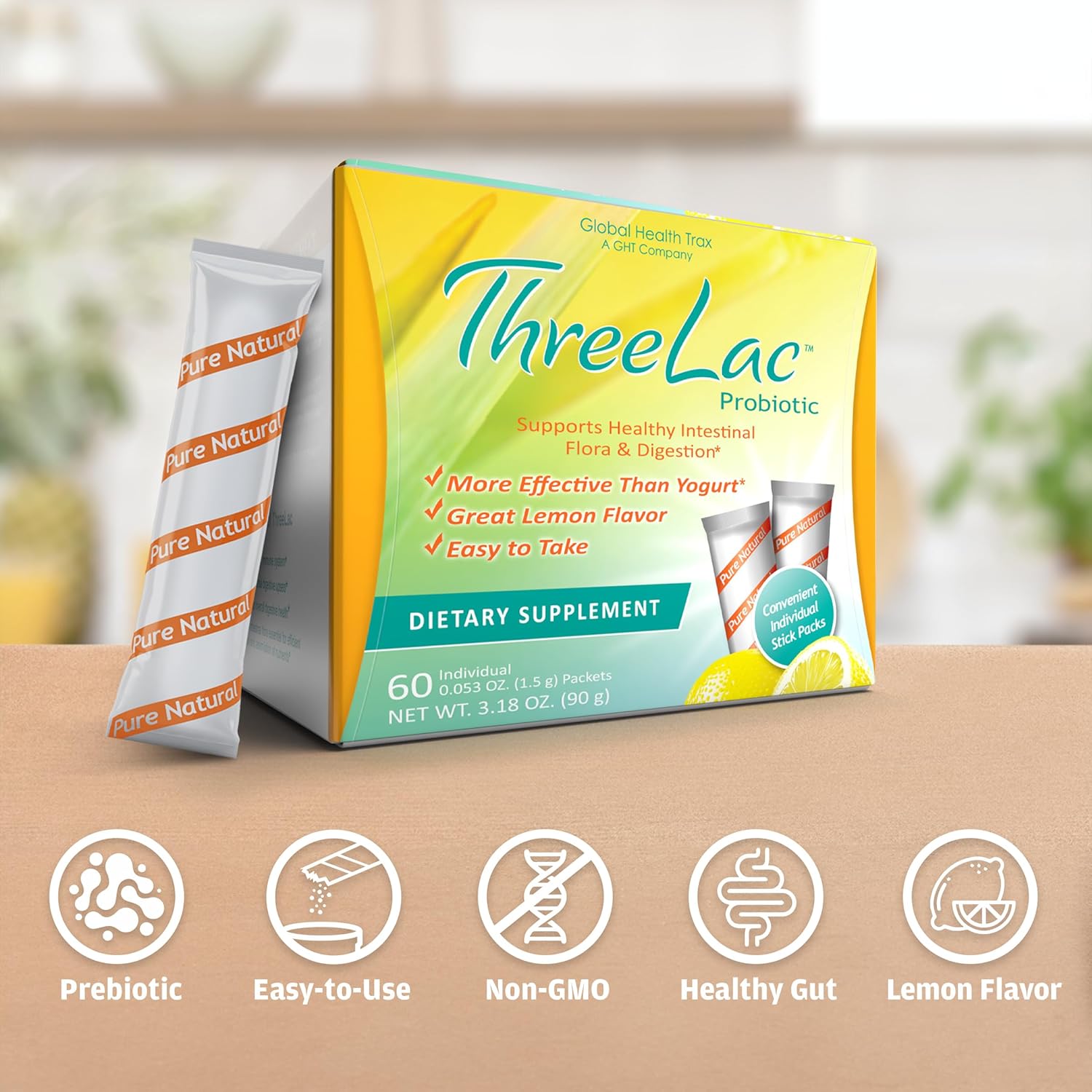 Global Health Trax GHT - ThreeLac Lemon Probiotic Drink Mix for Digestive Health - Advanced Probiotic Powder Formula for Men, Women & Kids - Immune Support & Gut Balance, Non-GMO - 60 Packets