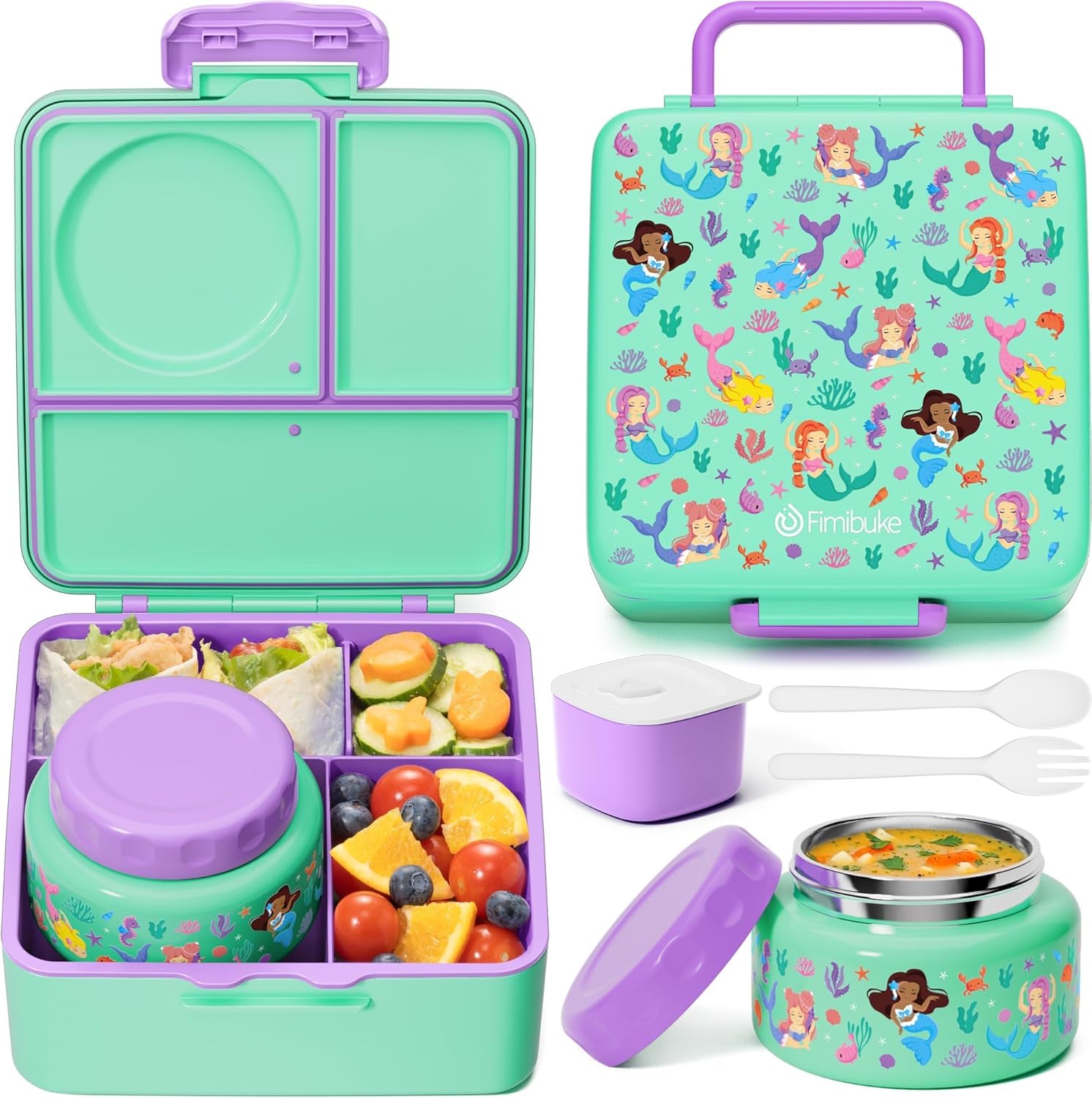 Fimibuke Bento Box for Kids Adult, BPA Free & Leakproof Toddler Lunch Box with 8.5oz Insulated Thermos Food Jar, Utensils & Sauce Jar, Dishwasher Safe 3 or 4 Compartment Container for School Girl Boy