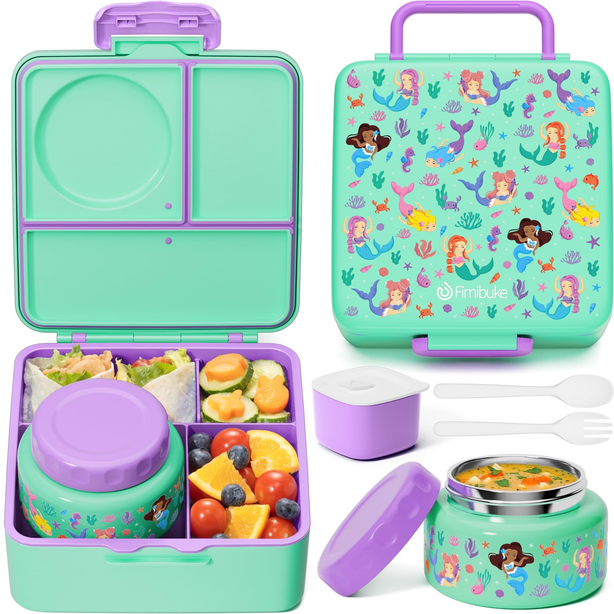 FimibukeFimibuke Bento Box for Kids Adult, BPA Free & Leakproof Toddler Lunch Box with 8.5oz Insulated Thermos Food Jar, Utensils & Sauce Jar, Dishwasher Safe 3 or 4 Compartment Container for School Girl Boy