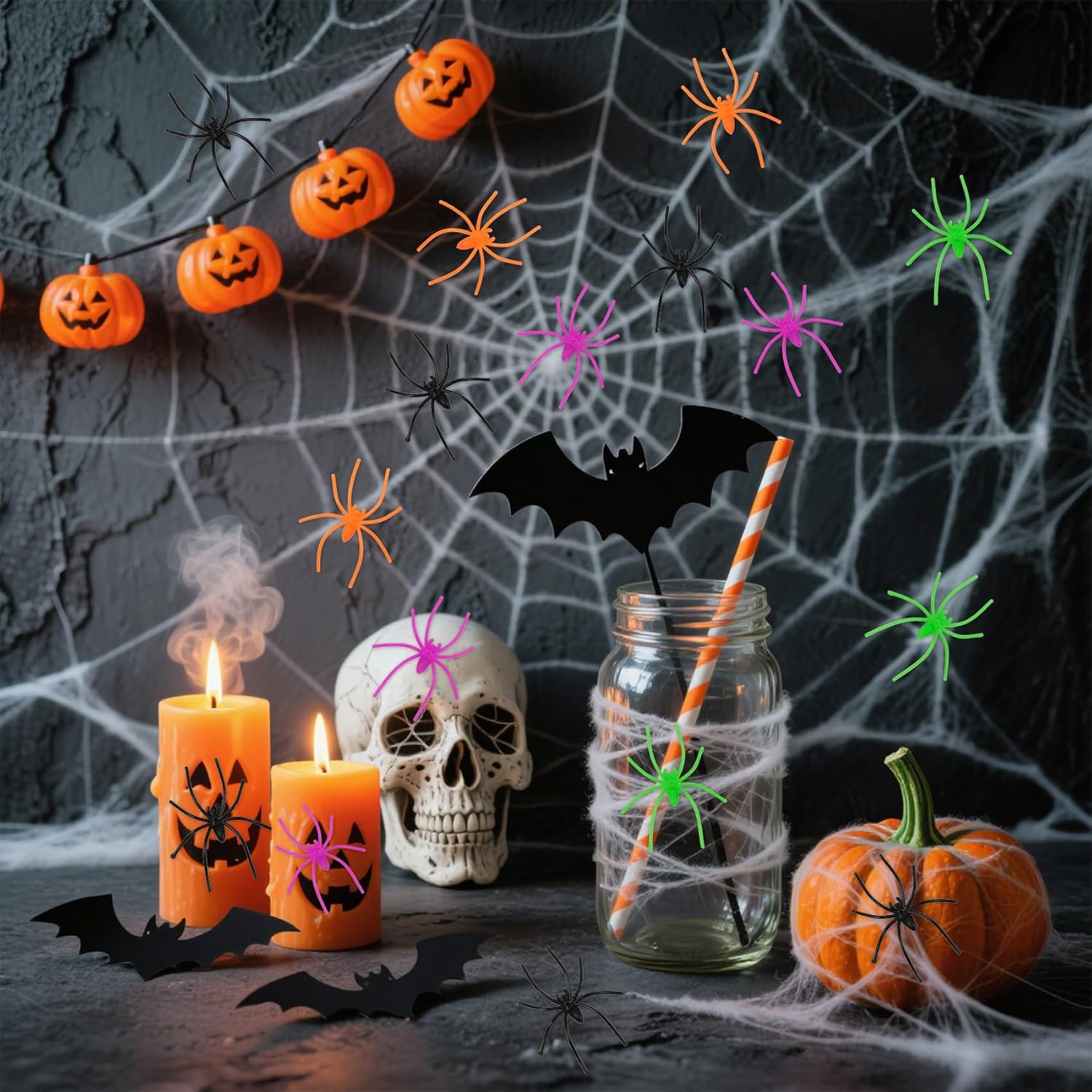 Plastic Spiders, 120 PCS Halloween Fake Spider Decorations, 4 Colors Small Realistic Spiders Toy Prank Props for Halloween Home Party Favors Haunted House April Fool's Day Decor Supplies 2 x 1.8 In