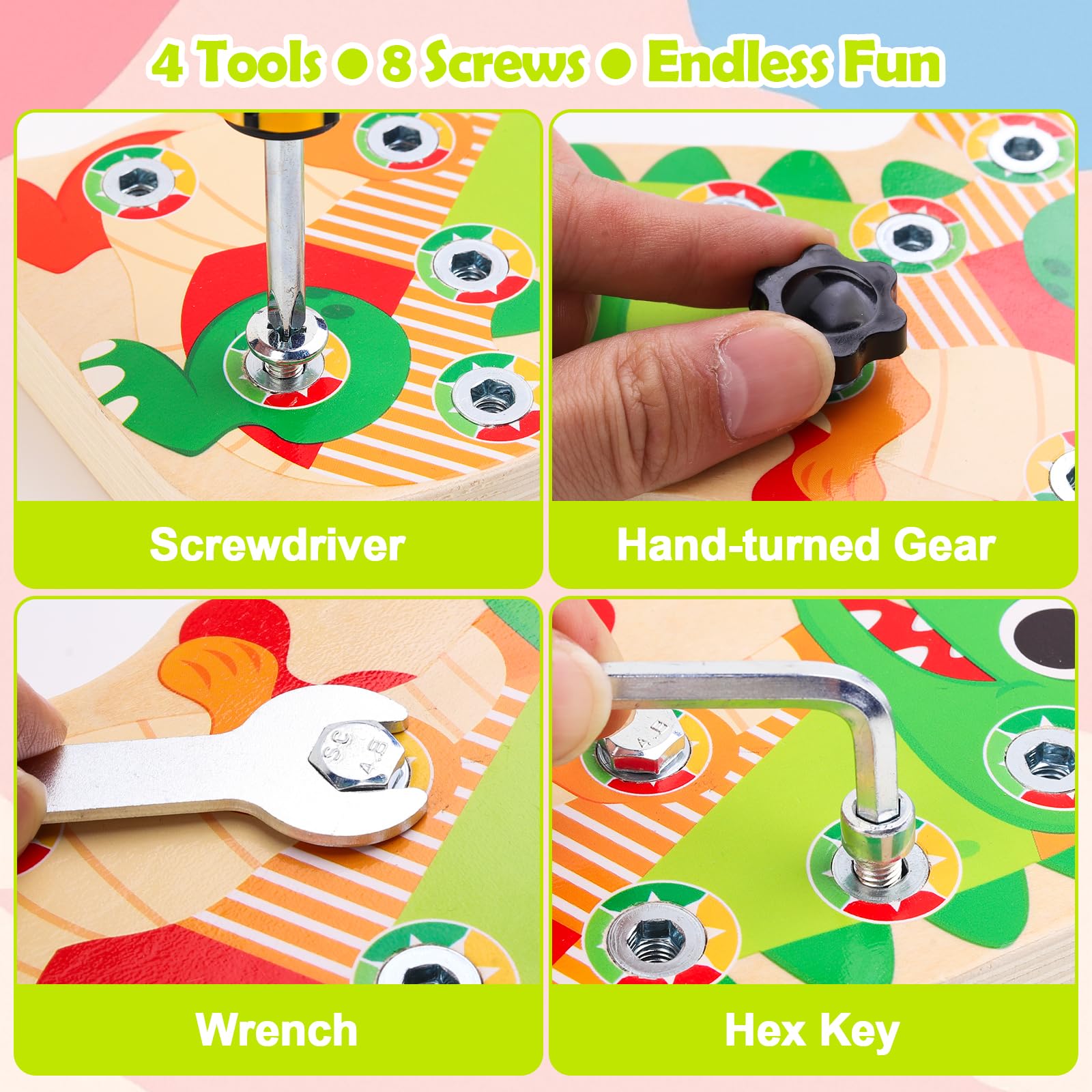 LYOKELC Montessori Screwdriver Board for Toddlers 3+, Wooden Dinosaur Busy Board with Screws & Tools - Image 3