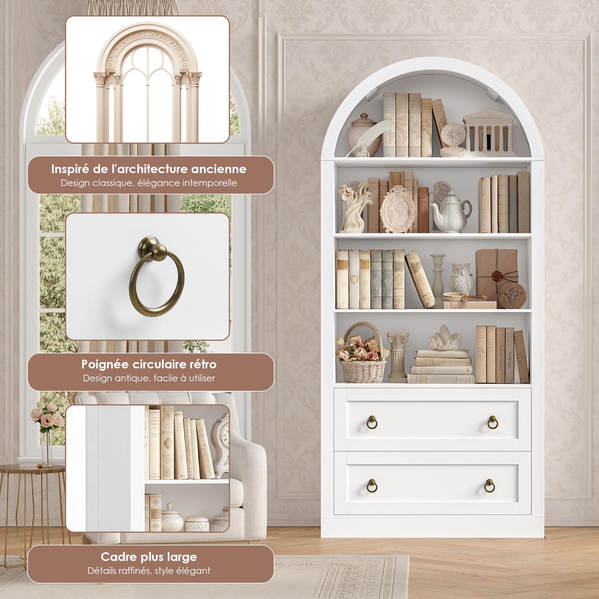FirFurd Bibliotheque Meuble de Rangment avec 2 Tiroir 4 Etagère Arche Blanc | 177x79,5x36cm, Bibliotheque livre en forme d'arc, Bibliothèques étagere rangement pour salon bureau, cuisine, apt, Classique