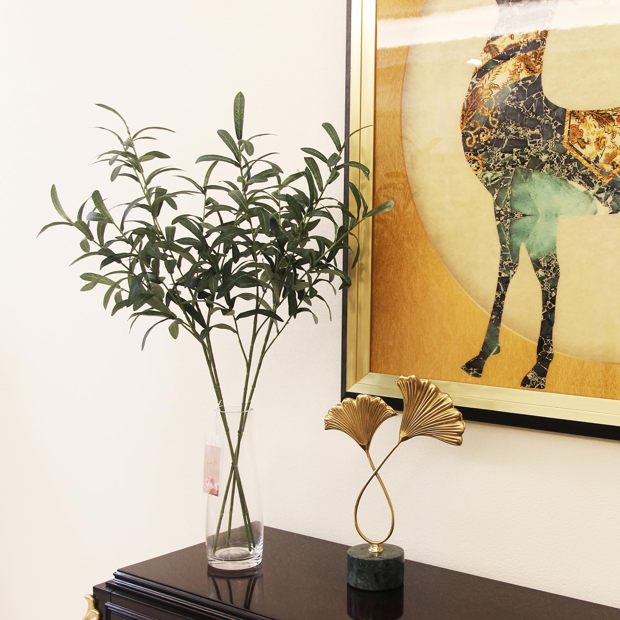 Künstliche Olivenbaumzweige, künstliche grüne Blätter mit langen Stielen, dekoratives künstliches Laubpflanze, Blumenarrangement für drinnen und draußen, 4 Stiele (76 cm ohne Olive)