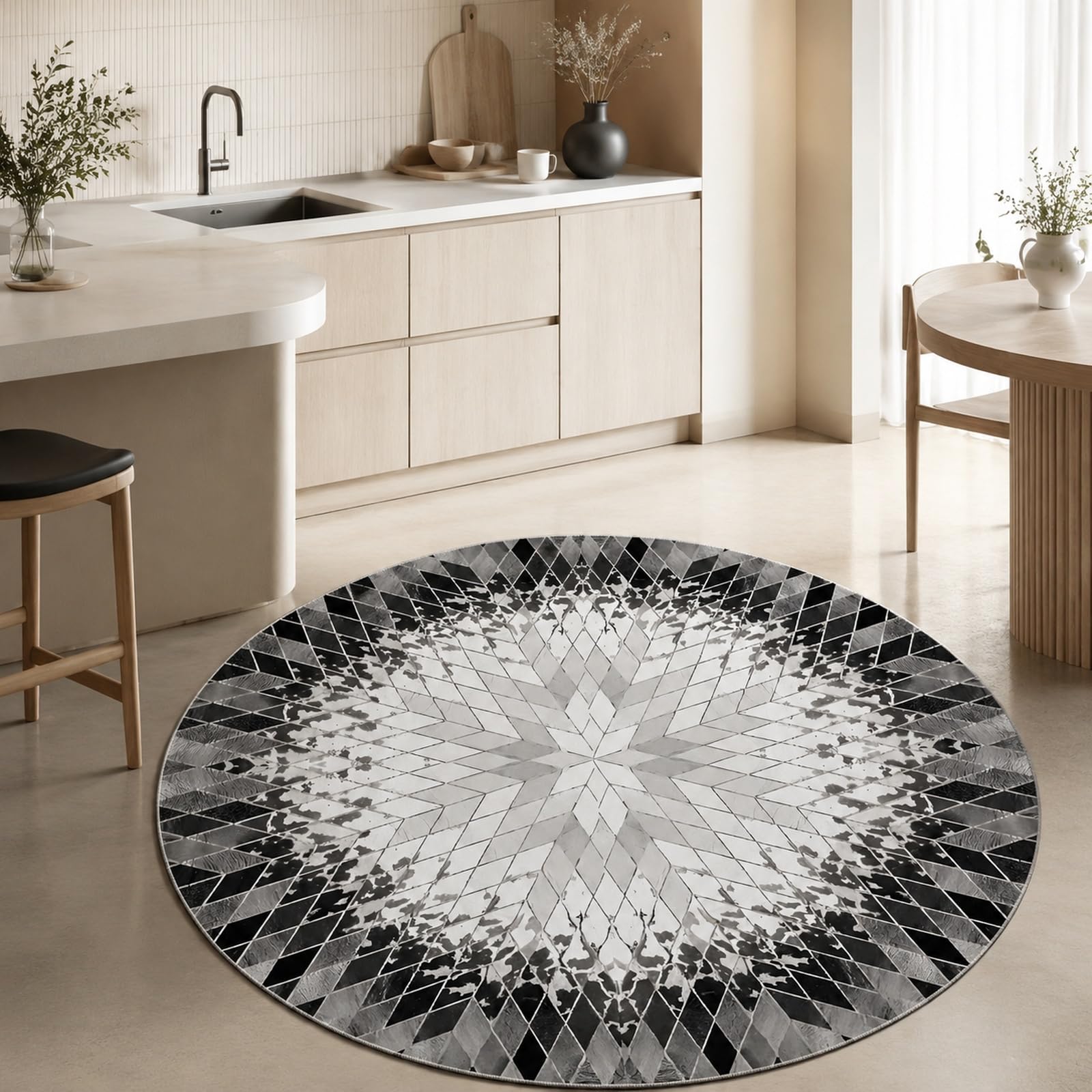 Tapis rond decoration chambre adulte au motif moderne noir et blanc pour le salon