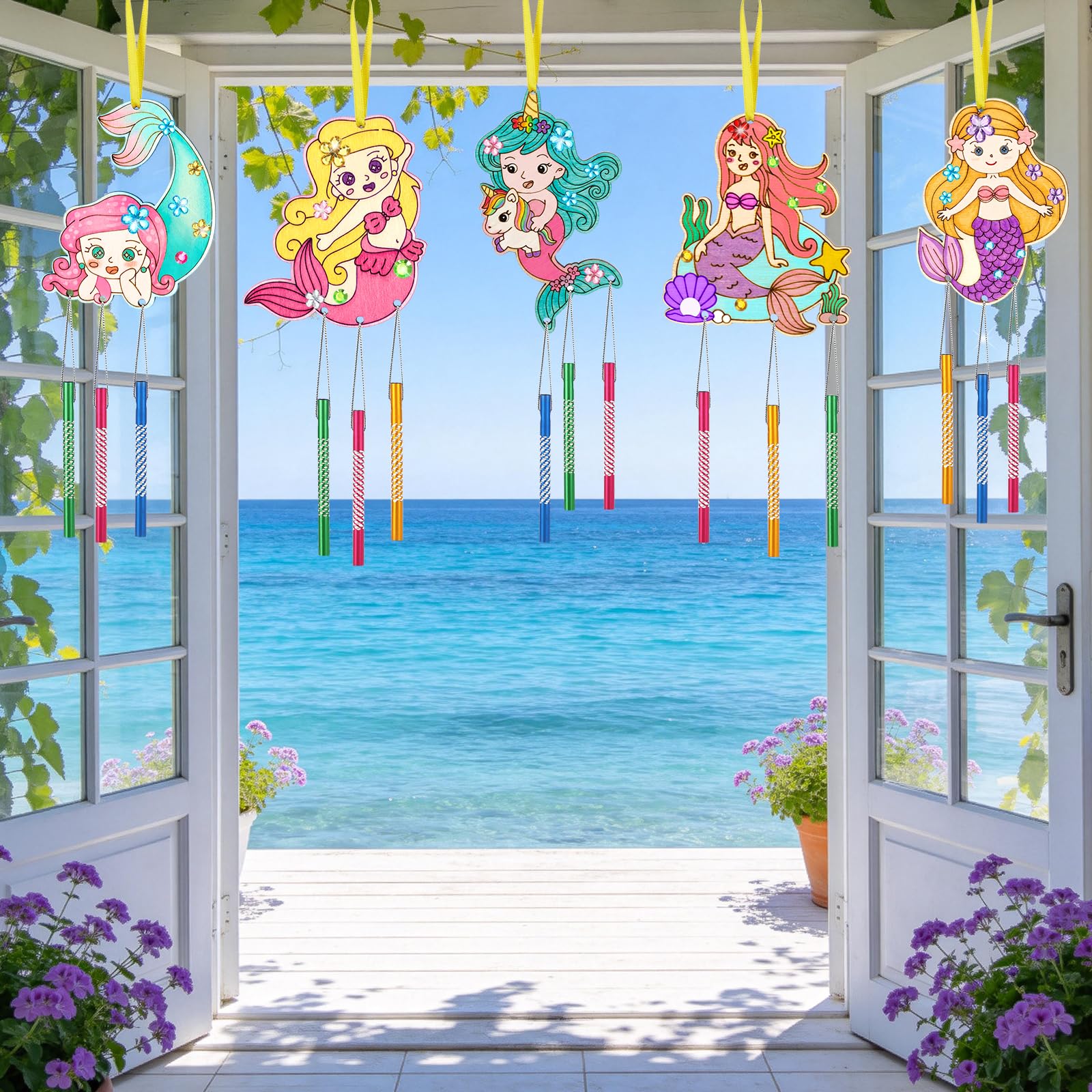 SRIZIAN 10piezas Sirena Manualidades para Niñas Kit de Manualidades de Campanillas de Viento de Madera de Sirena Regalos Manualidades Decoración para Fiestas Puertas y Jardines Bricolaje
