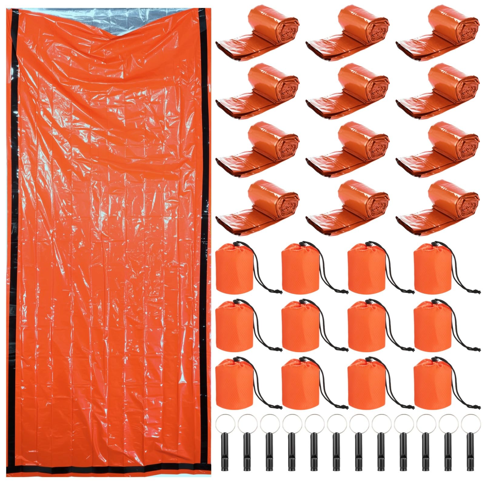 Notfall-Schlafsack, 210,1 x 89,9 cm, tragbar, thermisch, wasserdicht, mit lauter Überlebenspfeife und Kordelzug, Aufbewahrungstasche für Outdoor, Camping, Wandern, Notfallvorsorge, Orange, 12 Stück