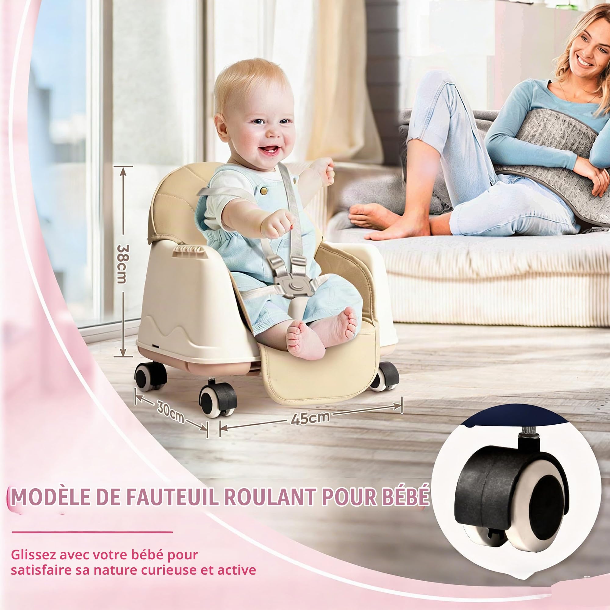 Chaise Haute Bébé 4-en-1, Chaise Haute Bébé Réglable et Convertible avec Ceinture de Sécurité, Plateau, Facile à Nettoyer, Siège Bébé de 6 Mois à 6 Ans (Beige)