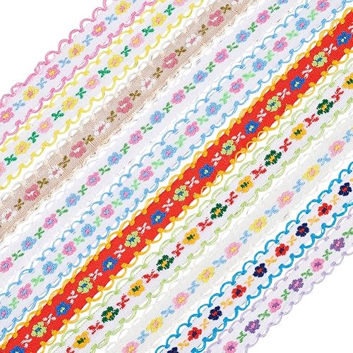 FINGERINSPIRE 20 yardas 10 colores Jacquard Ribete de 1/2" Bordado Flor Trim Poliéster Costura Encaje para Bowknot DIY Arte Artesanía Decoración de