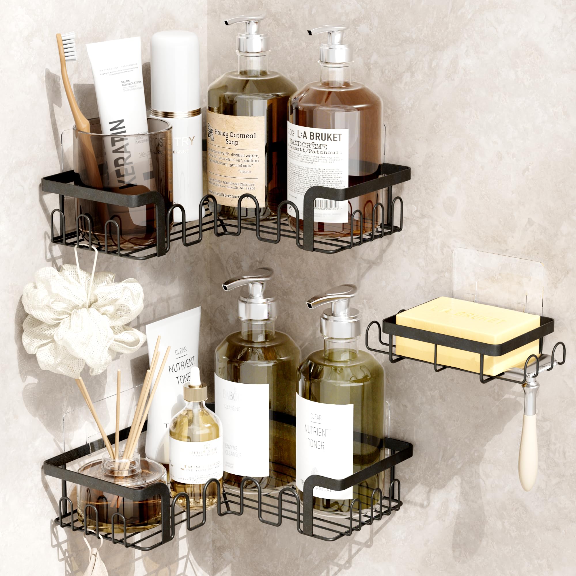 TIDIIABODE Corner Shower Caddy 3 Pack, Bathroom Caddy with Soap Holder & 24 Hooks, No Drill Shower Organiser, Stainless Steel Bathroom Shelves, Bathroom & Kitchen Storage, Black