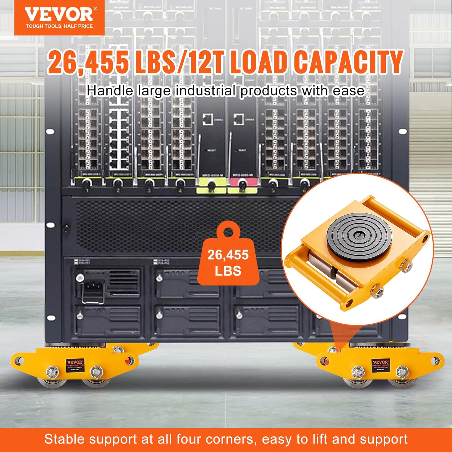 VEVOR 4PCS Skate Dolly, 26455LBS/12T Industrial Mover, Heavy Duty Carbon Steel Machinery Moving Skate  4 Carbon Steel Wheels and 360 Rotation Non-Slip Cap for Warehouse, Factory