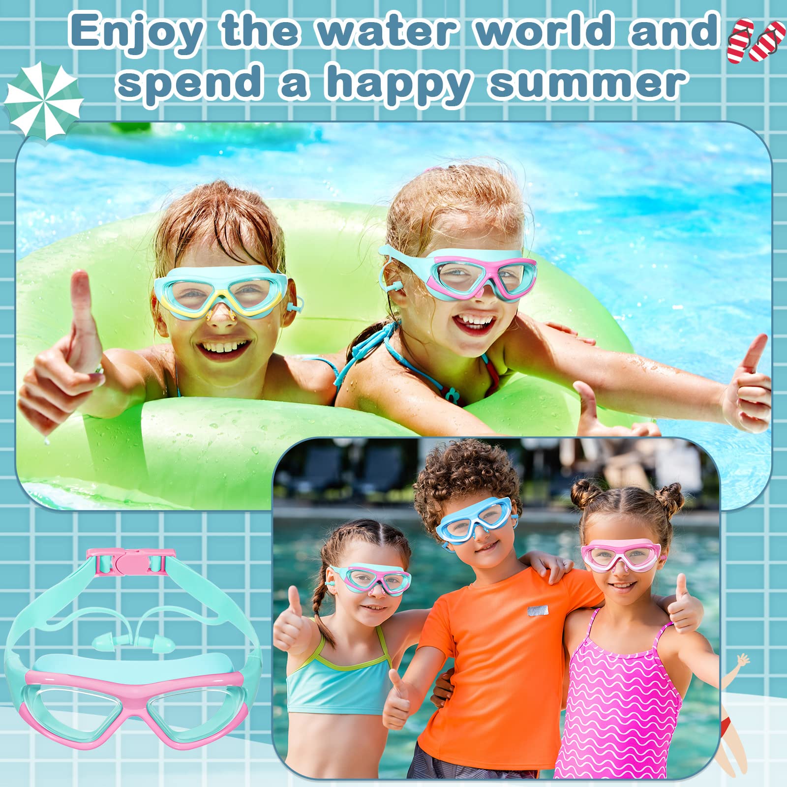 Yexiya Schwimmbrille für Kinder, Anit Fog, kein Auslaufen, Jugendbrille mit Nasenstöpsel für Jungen und Mädchen im Alter von 3–12 Jahren, 4 Stück