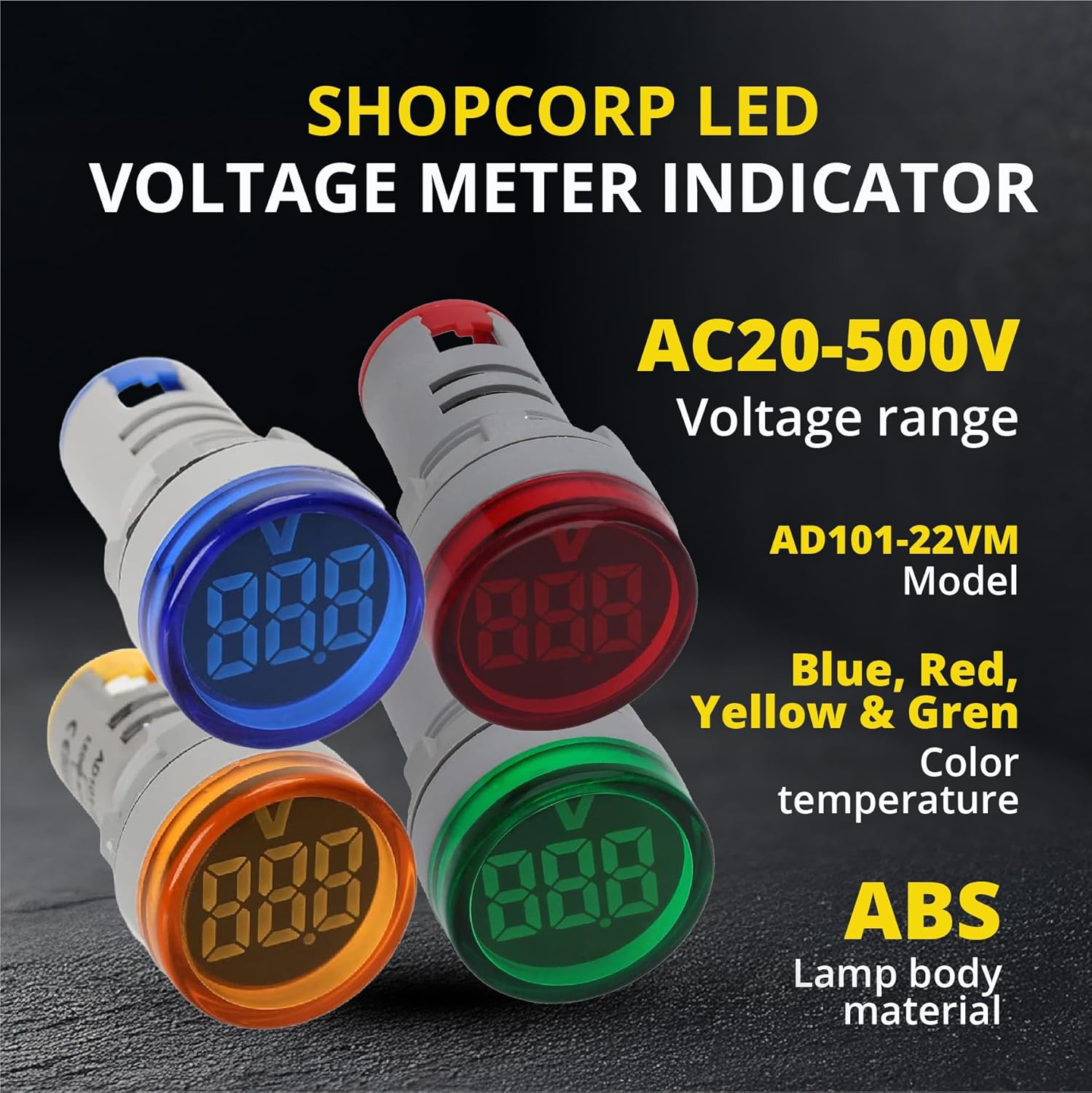 Led Voltage Indicator 22 mm – Digital Voltmeter AC20-500V with led Voltage Display for Control Panels, Machines and Distribution Boxes (4 Pack Assorted)