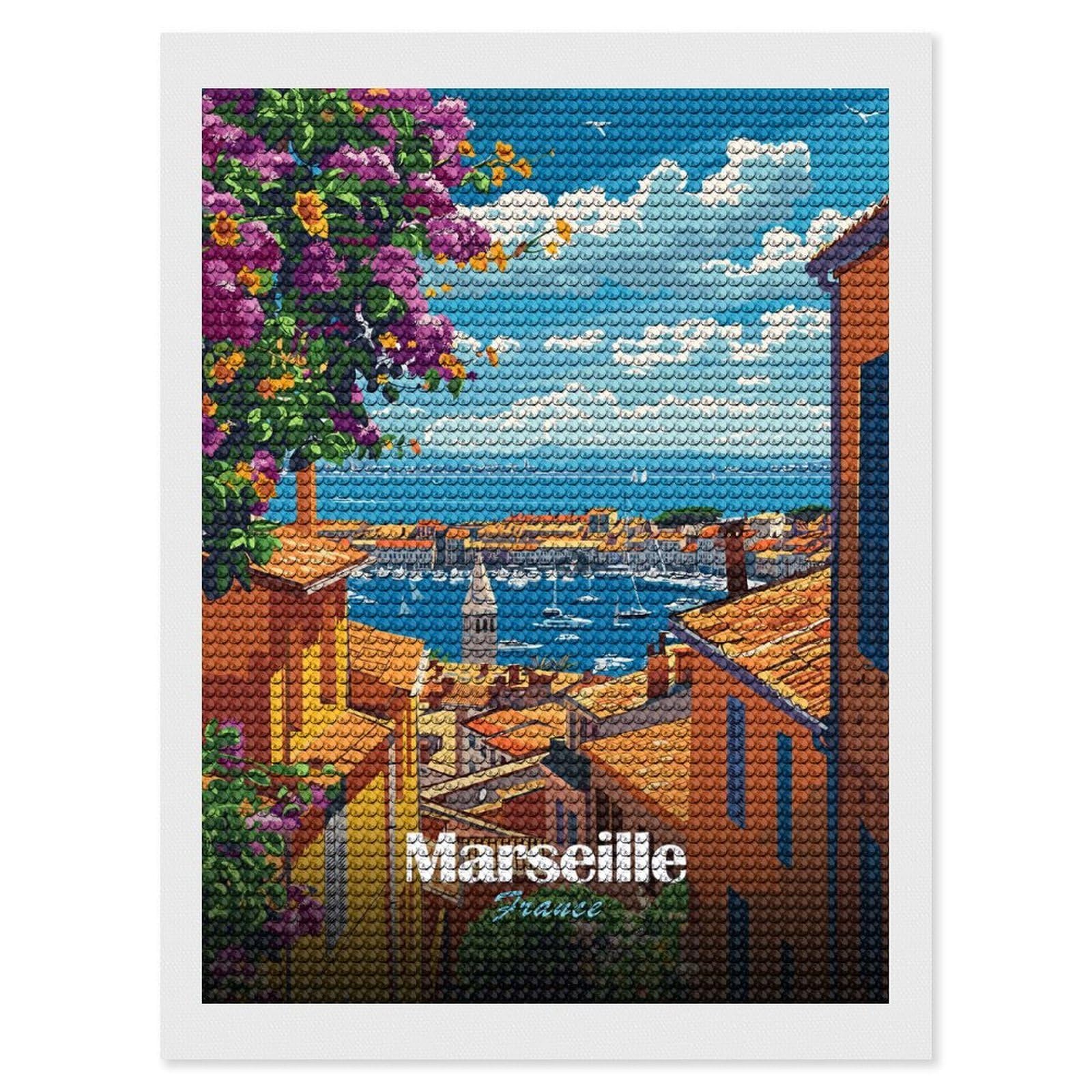 Junmoney Marseille, France Cityscape Illustration Diamond Painting Canvas Set 12"x16", for Women, Mindful Craft Activity, Cosy Home Accent, Festive Craft Gift
