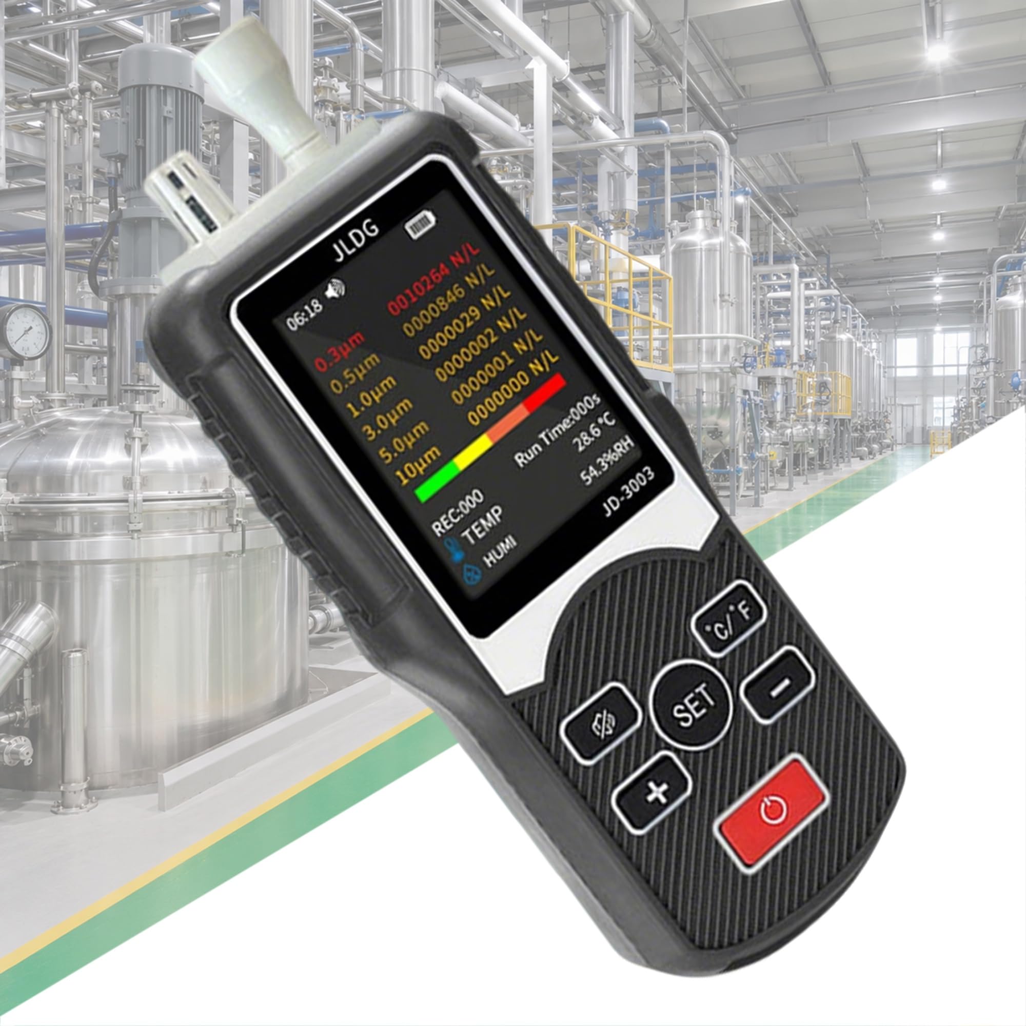 Contatore di particelle per camere bianche e HVAC, 6 canali | Strumento portatile con misurazione rapida, display HD, memoria dati e soglie di allarme regolabili