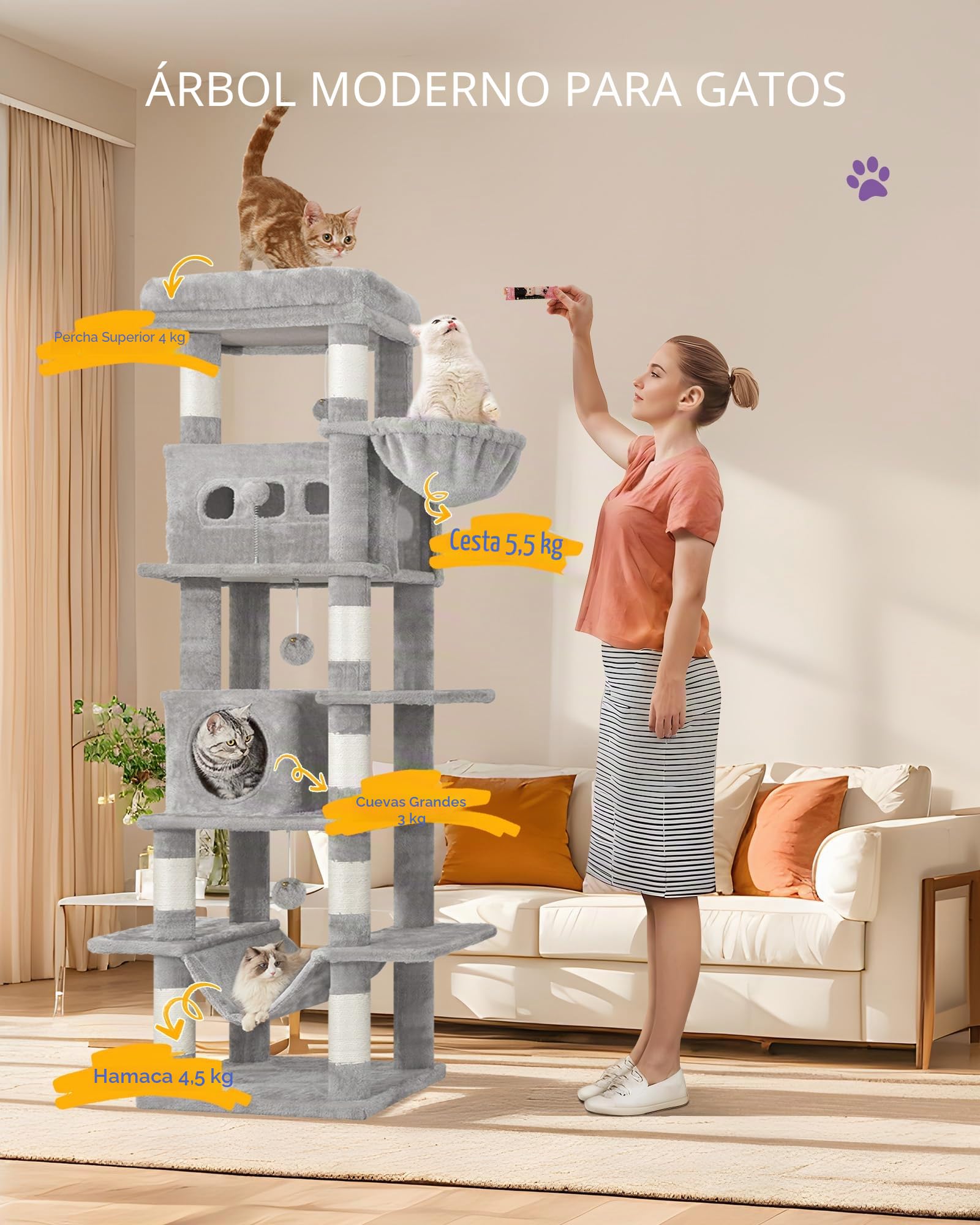 Hzuaneri 170cm Rascador para Gatos, Árbol para Gatos, 2 Cuevas, Plataforma, 1 Hamaca, 1 Cesta, 3 Pompones, L(50 x 40 x 170 cm), Gris Claro MS17018LG