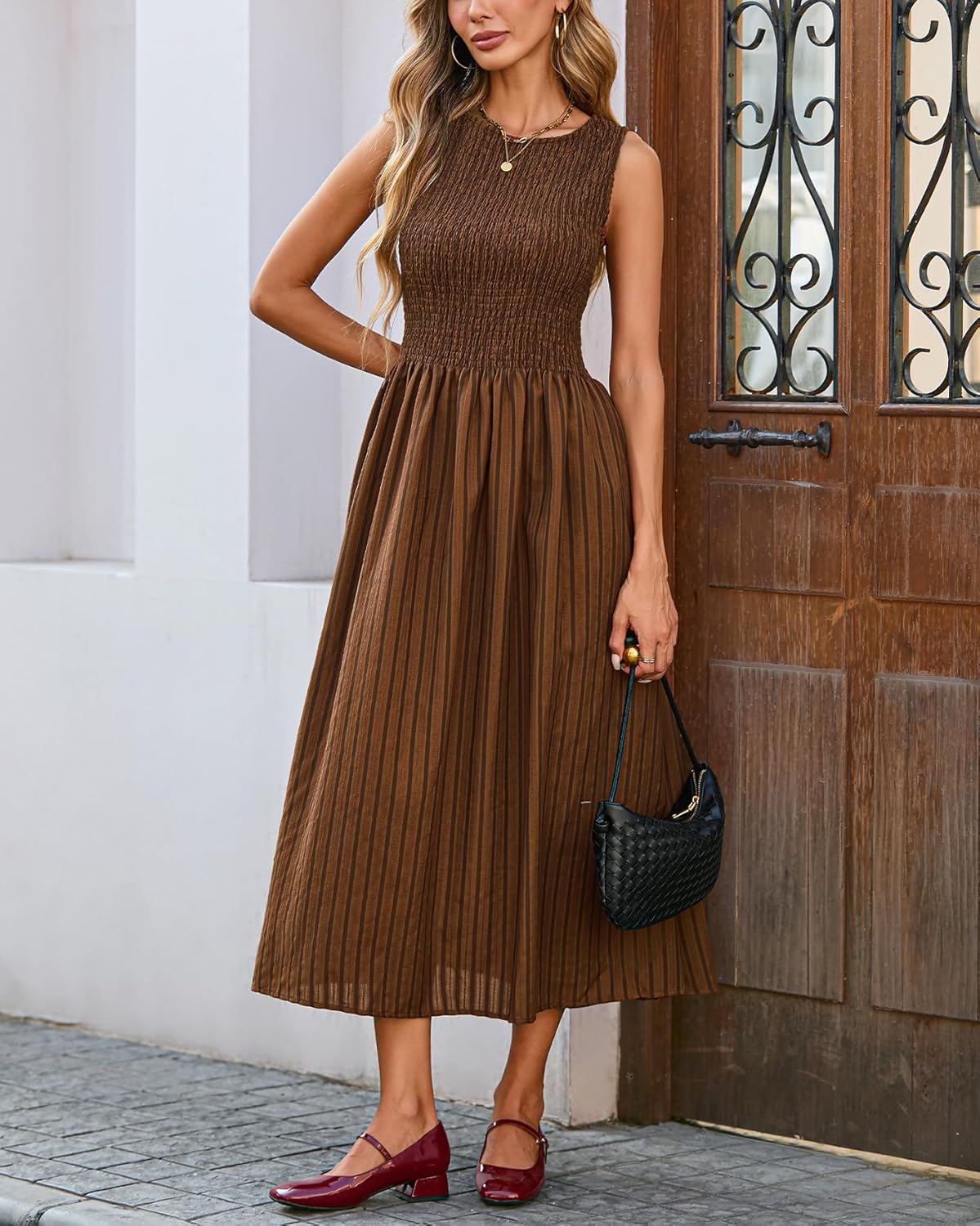 Women's Summer Striped Sleeveless Maxi Dress Smocked Swing A Line Beach Vacation Dress with Pockets - Image 5