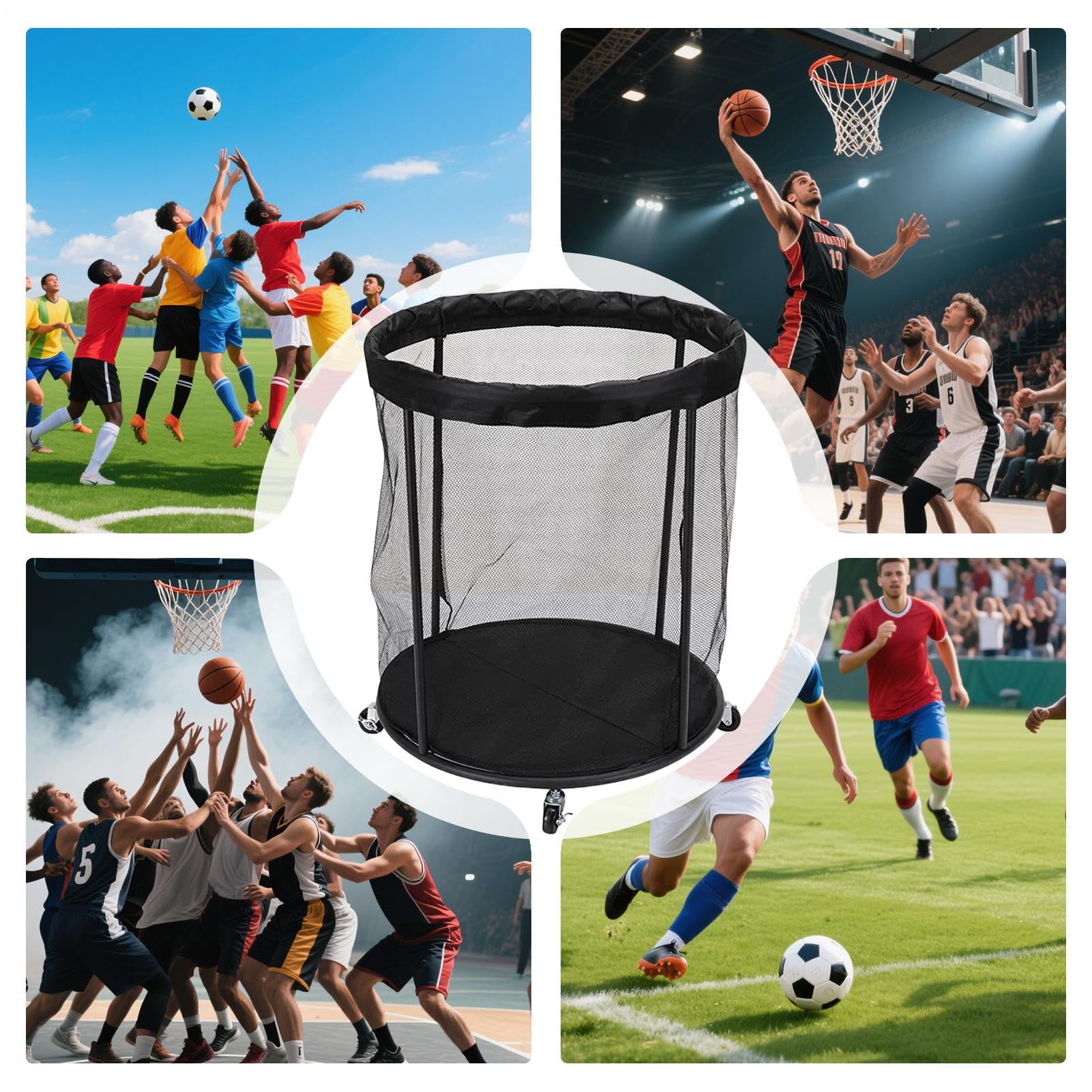 Rangement de ballons extérieur, panier de sport, conteneur portable, filet de grande capacité, cadre résistant aux intempéries, utilisation garage piscine terrasse jardin, matériaux en nylon durable